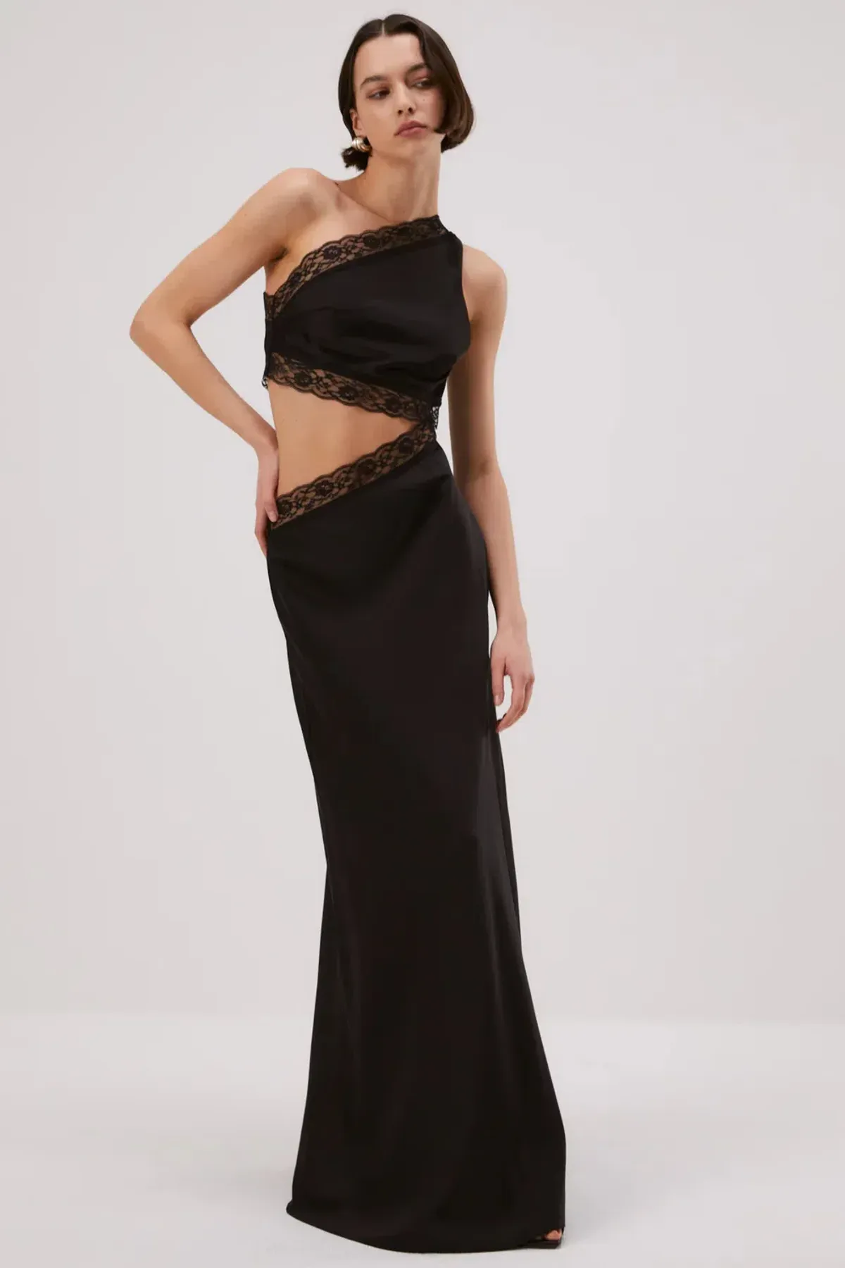 Misha Collection Jillian Satin Maxi Dress With Lace Cut Out One Shoulder Detail Asymmetric Black Sir the Label Style Size AU 8 - Image 1