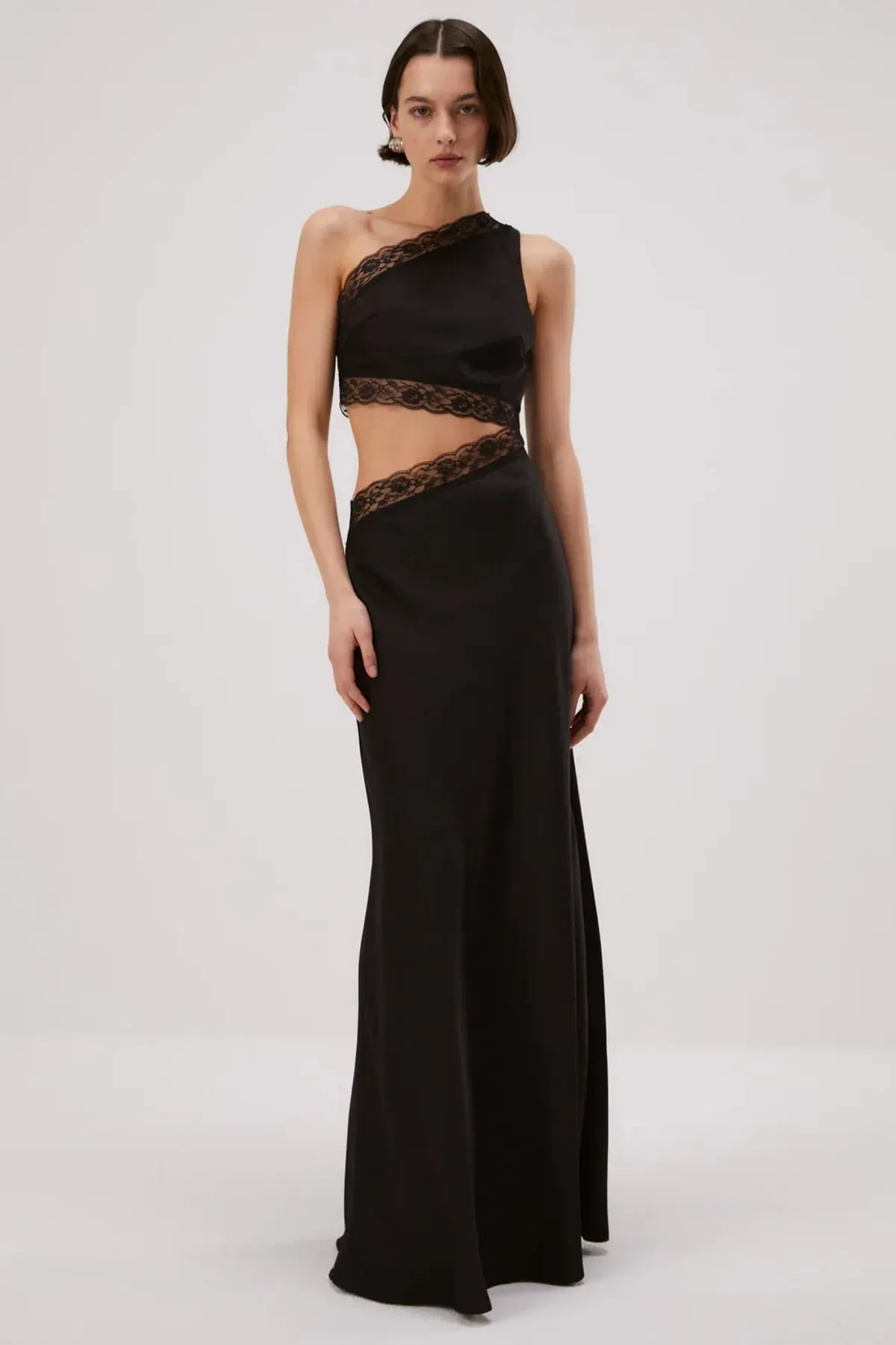 Misha Collection Jillian Satin Maxi Dress With Lace Cut Out One Shoulder Detail Asymmetric Black Sir the Label Style Size AU 8 - Image 3
