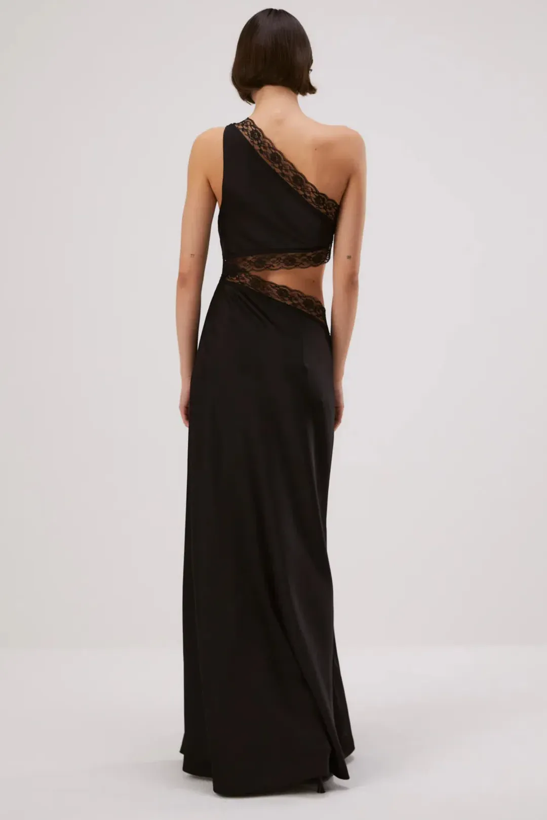 Misha Collection Jillian Satin Maxi Dress With Lace Cut Out One Shoulder Detail Asymmetric Black Sir the Label Style Size AU 8 for rent on The Volte - main image