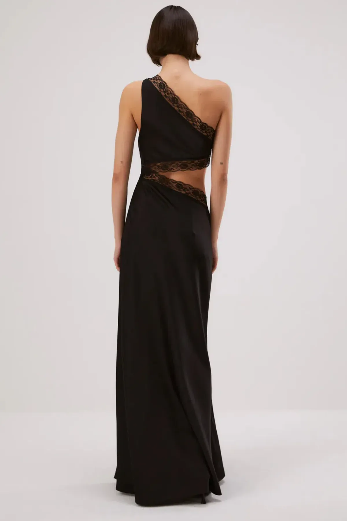 Misha Collection Jillian Satin Maxi Dress With Lace Cut Out One Shoulder Detail Asymmetric Black Sir the Label Style Size AU 8 - Image 4