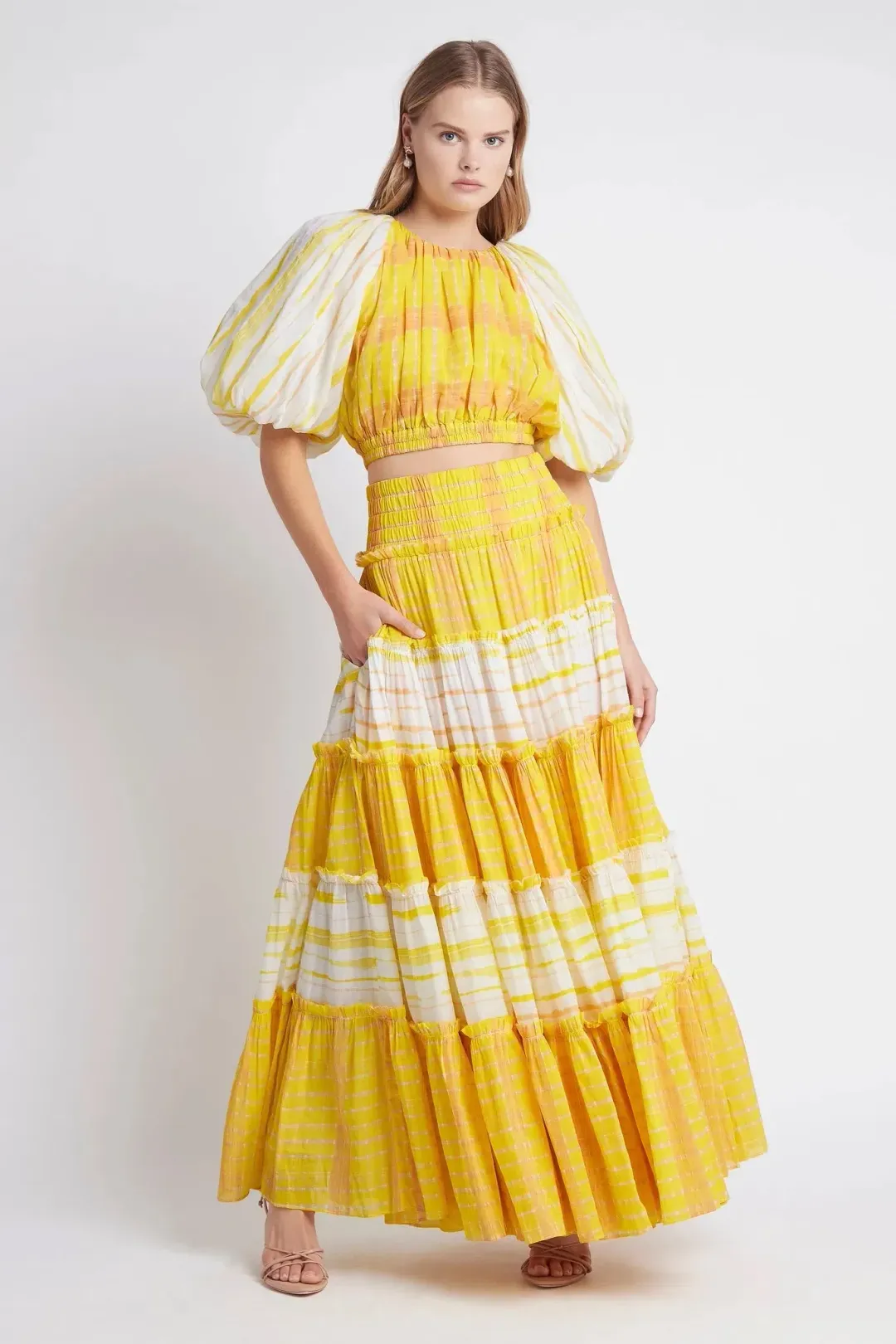 Aje Wilderness Cropped Top and Maxi Skirt Yellow Size AU 4 for rent on The Volte - main image