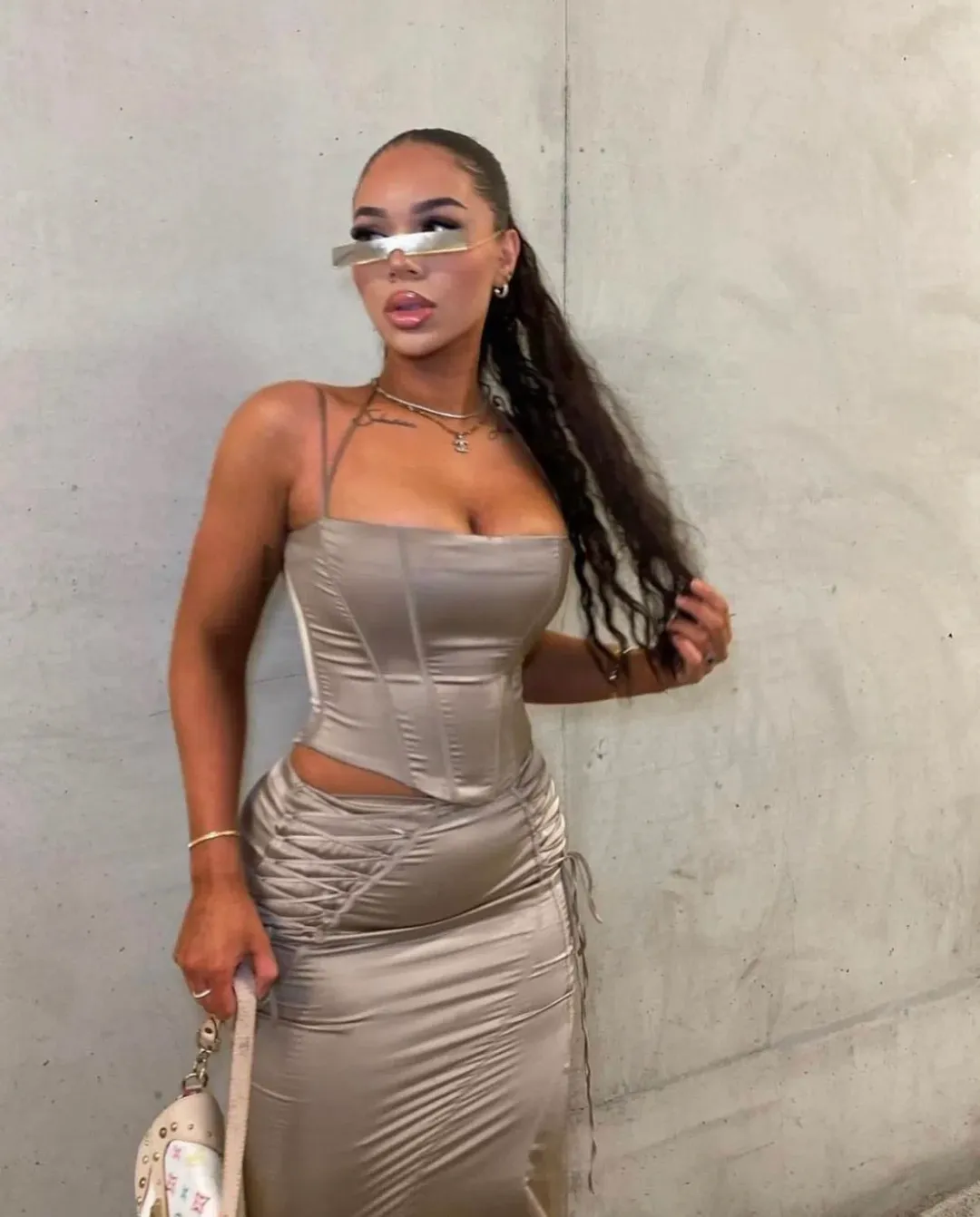 House Of CB Chantelle Corset and Sidonie Midi Skirt Set Latte Size AU 8 for rent on The Volte - main image