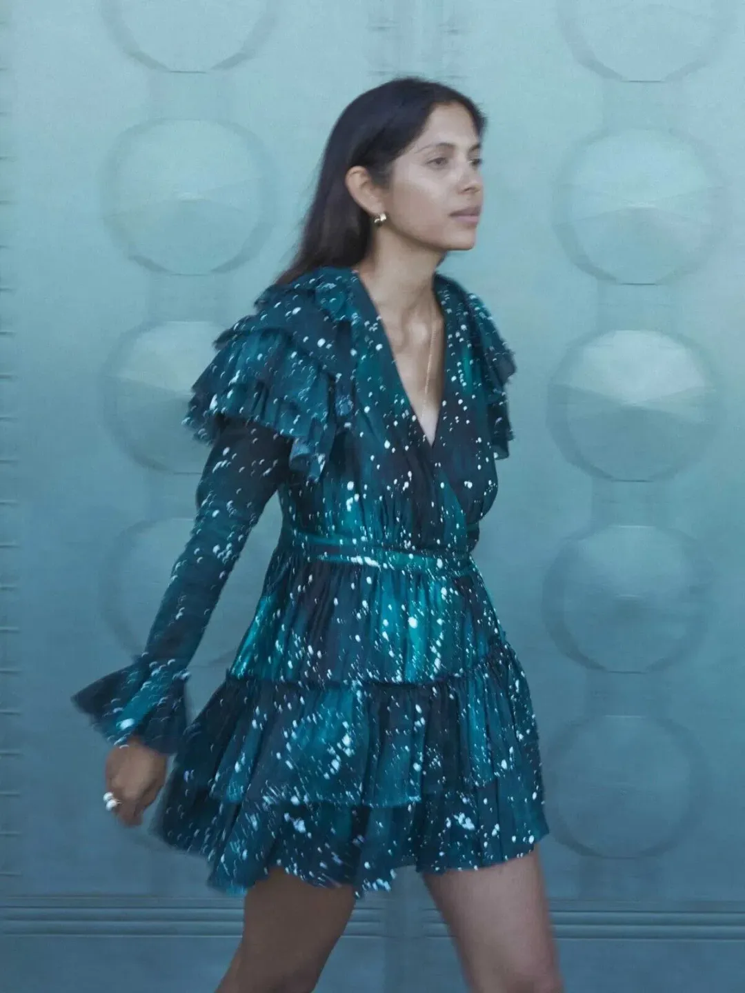 Aje Sorocco Ruffle Mini Dress Green White Flared Sleeves Silk Linen Blend Green Size 10 for rent on The Volte - main image