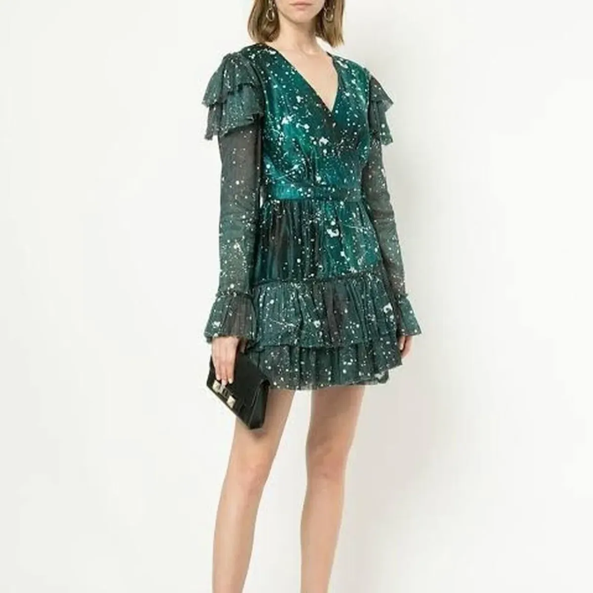 Aje Sorocco Ruffle Mini Dress Green White Flared Sleeves Silk Linen Blend Green Size 10 - Image 2