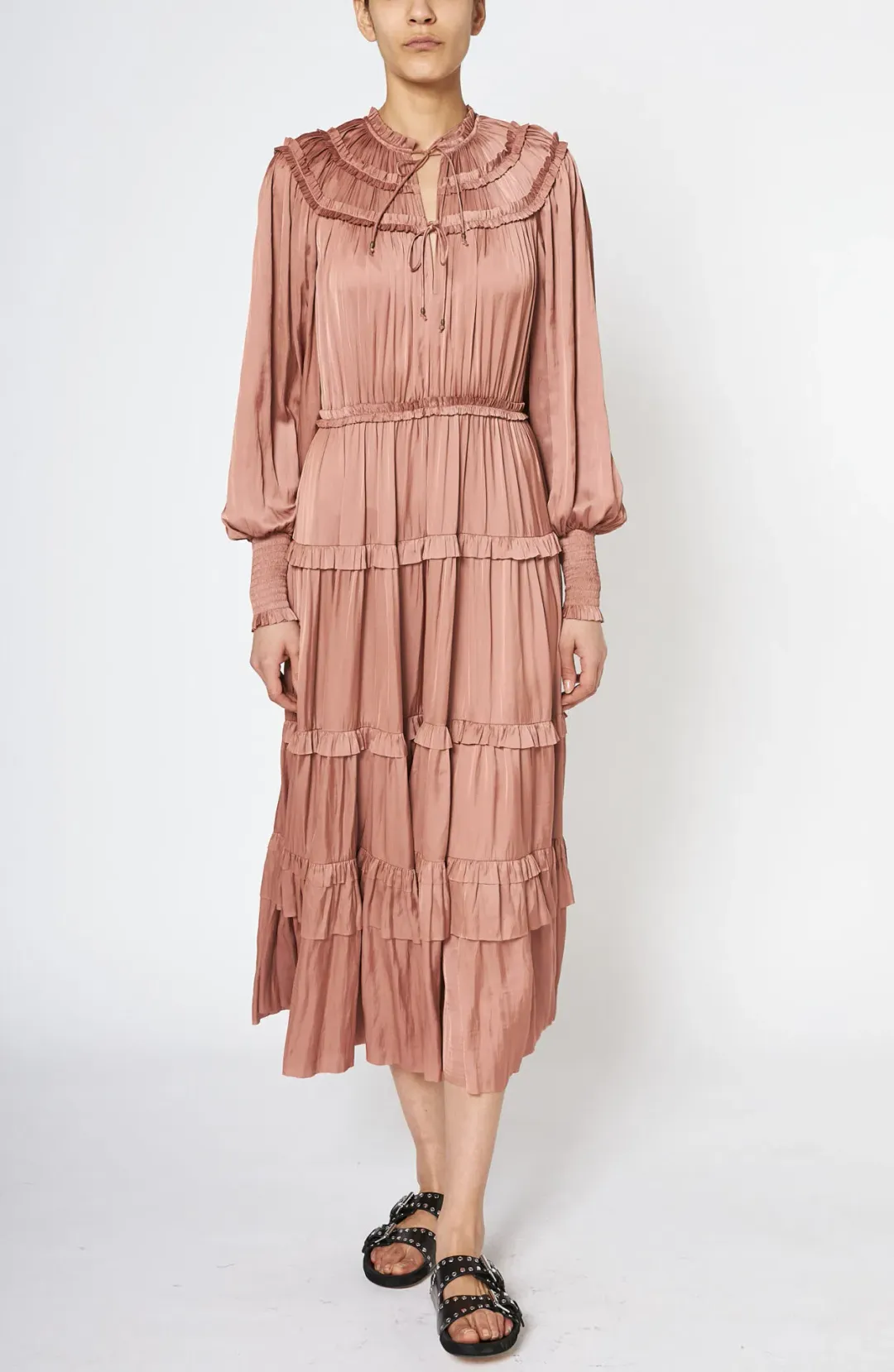 Ulla Johnson Serena Ruffled Satin Midi Dress Copper Pink Size 10 for rent on The Volte - main image