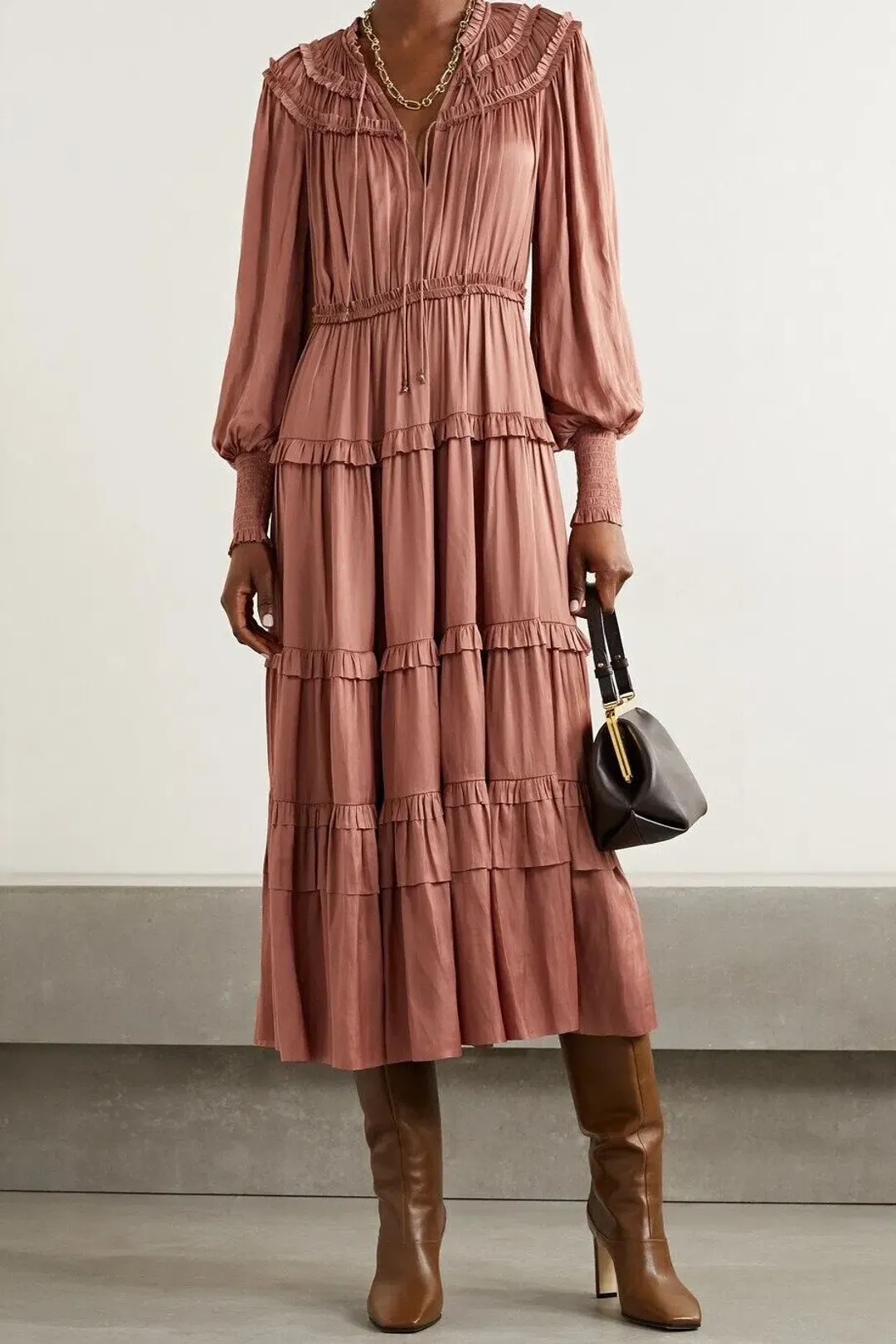 Ulla Johnson Serena Ruffled Satin Midi Dress Copper Pink Size 10 for rent on The Volte - main image