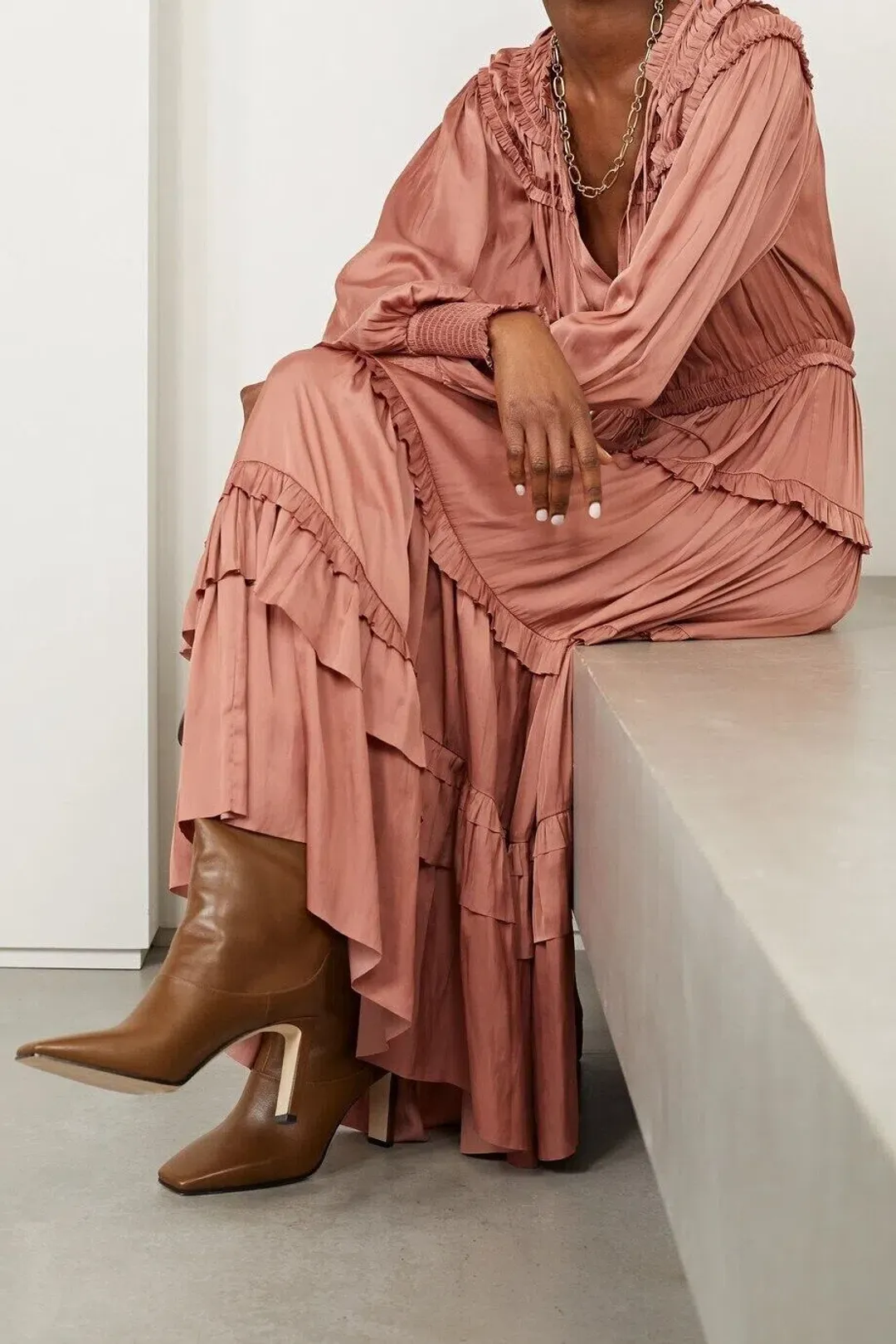 Ulla Johnson Serena Ruffled Satin Midi Dress Copper Pink Size 10 for rent on The Volte - main image