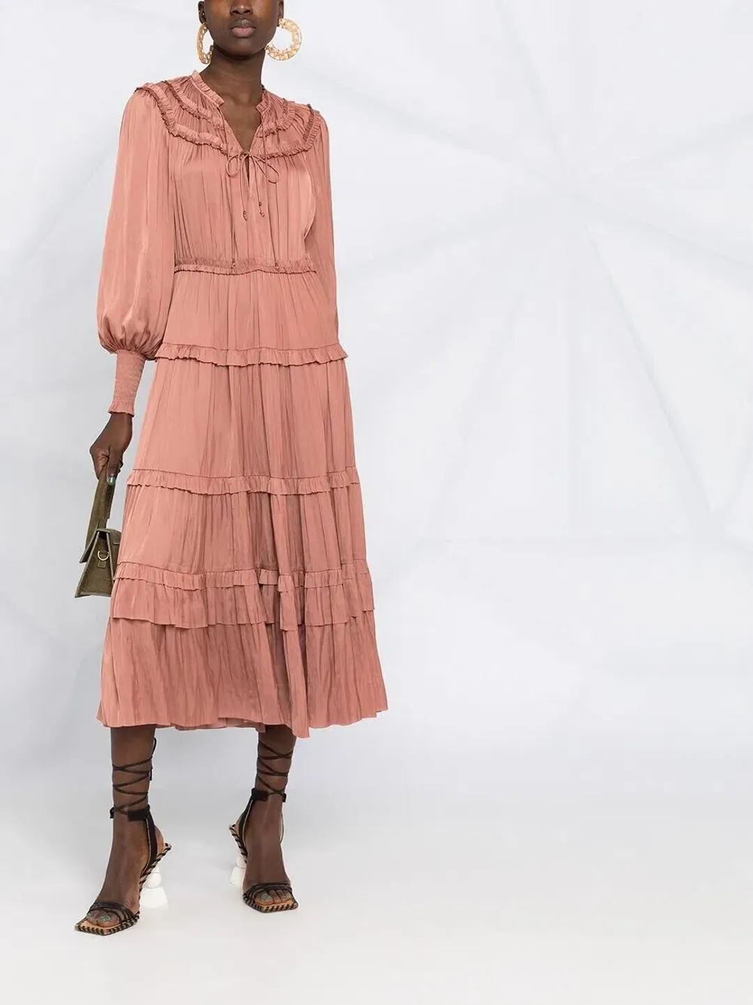 Ulla Johnson Serena Ruffled Satin Midi Dress Copper Pink Size 10 for rent on The Volte - main image