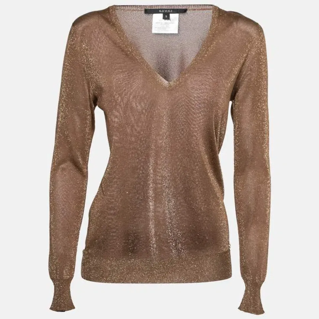 Gucci Lurex Knit V-Neck Sweater in Gold Size 10 for rent on The Volte - main image