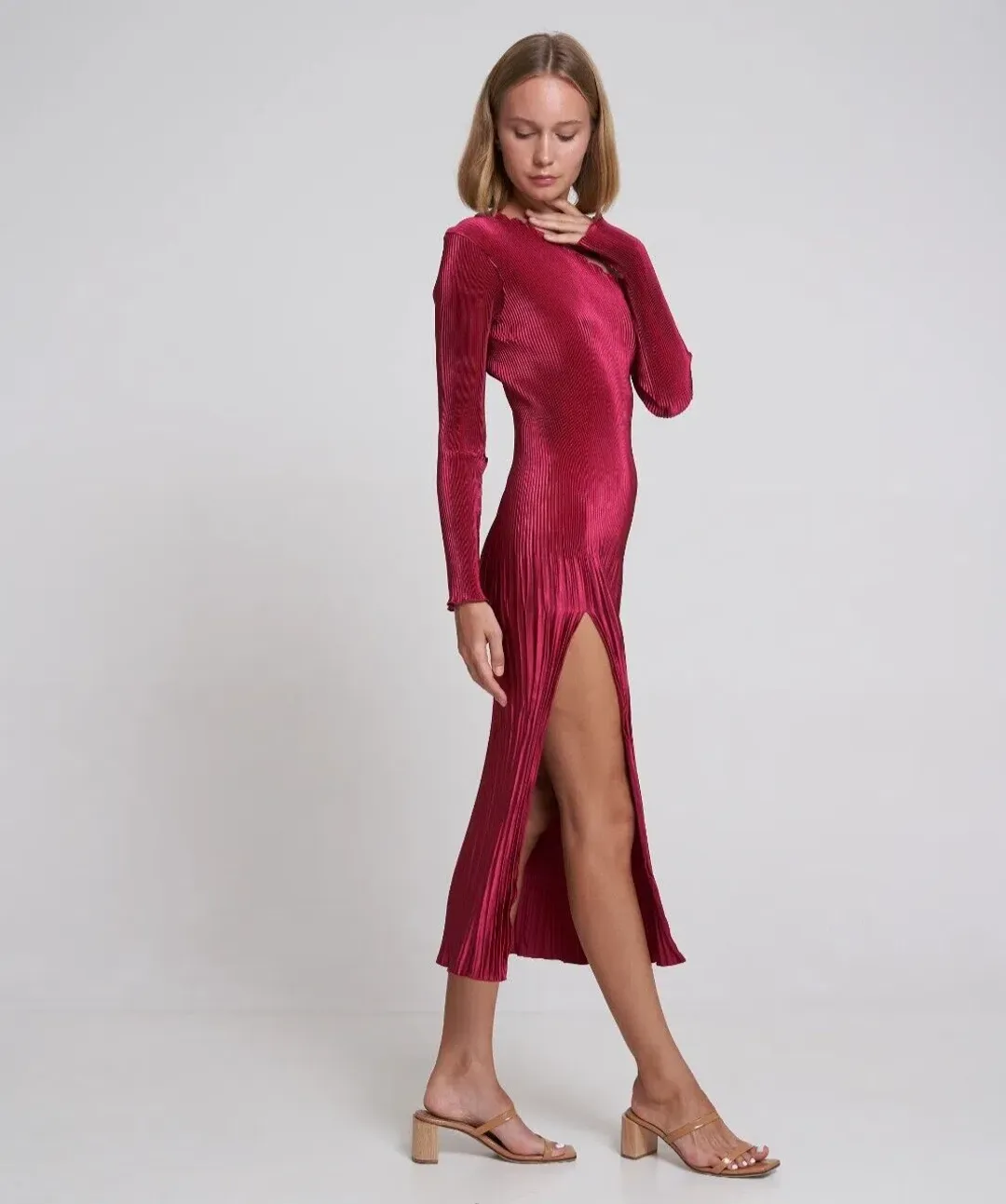 L'idee Soiree Gigi Pleated One Sleeve Cold Shoulder Gown Dress Ruby Red Size 8 / S for rent on The Volte - main image