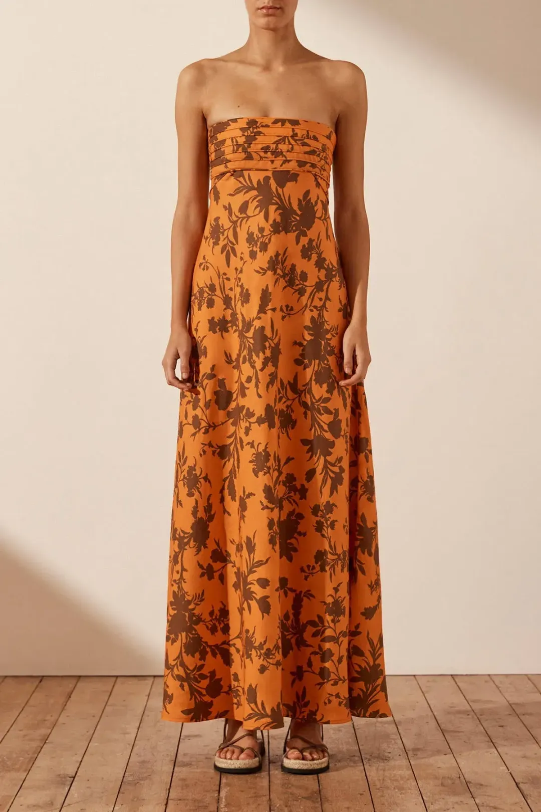 Shona Joy Uli Linen Corded Strapless Maxi Dress Print Size 10 / M for rent on The Volte - main image