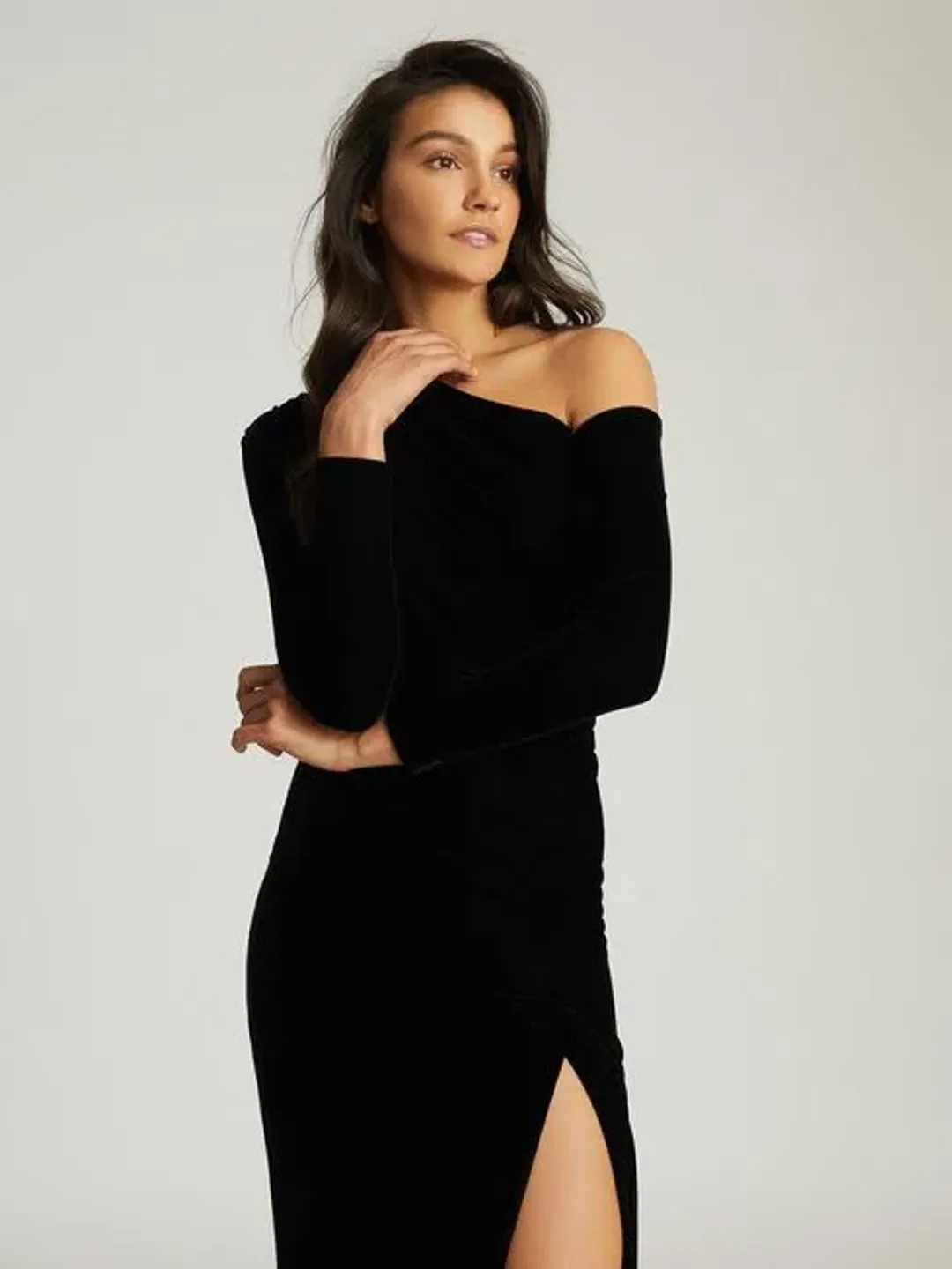 Reiss Bella Asymmetrical Neck Velvet Dress in Black Size AU 6 for rent on The Volte - main image