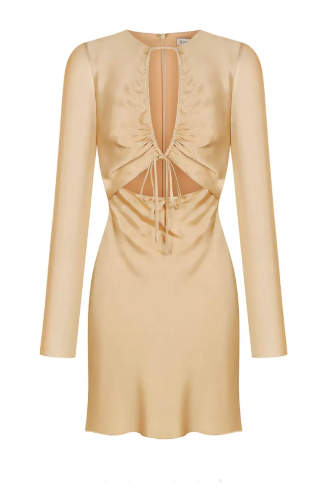Shona Joy Felicity Long Sleeve Cut Out Front Mini Dress Porcini Cream Size AU 14 for rent on The Volte - main image