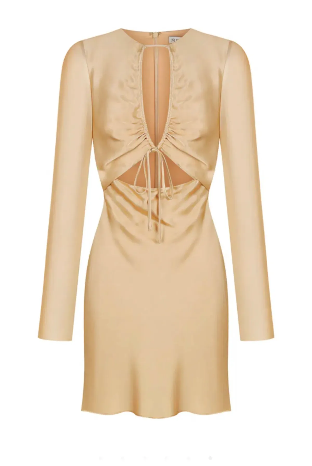 Shona Joy Felicity Long Sleeve Cut Out Front Mini Dress Porcini Cream Size AU 14 - Image 4