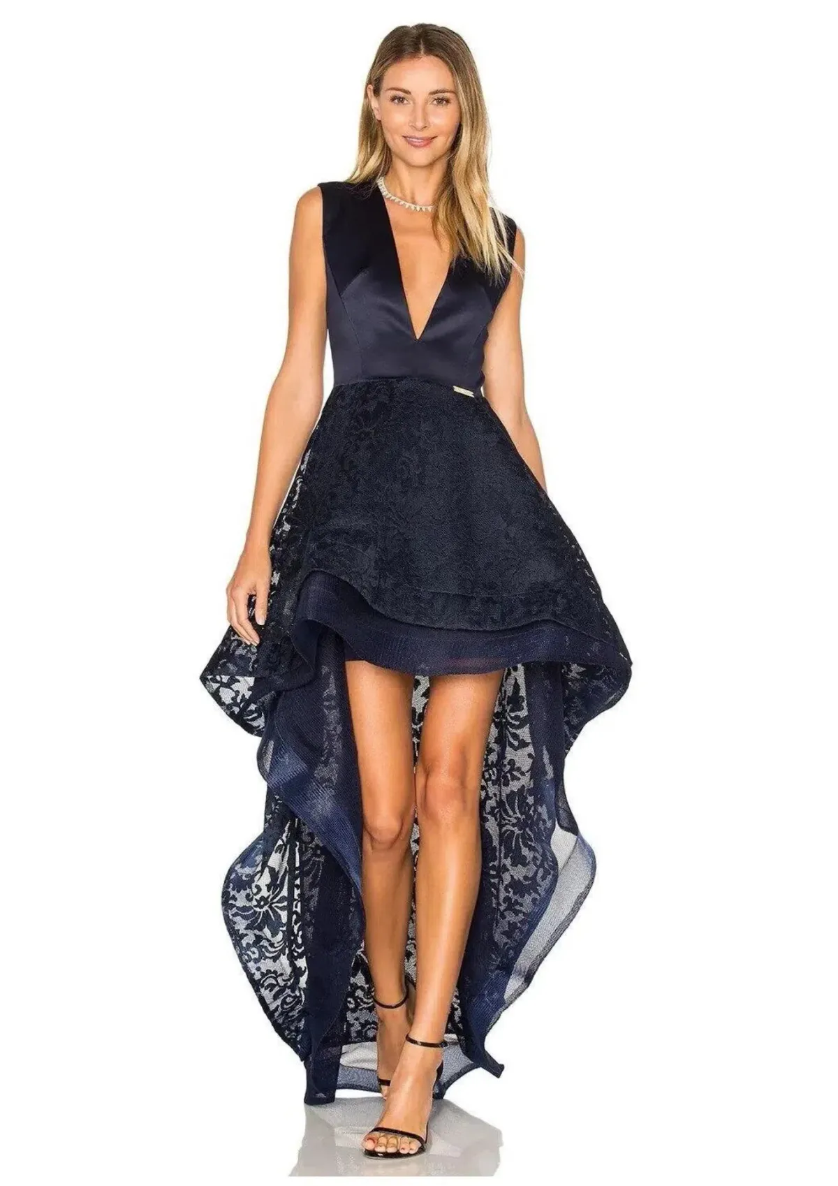Bronx & Banco Derby High Low Embroidered Lace Dress Navy Size 10 - Image 1
