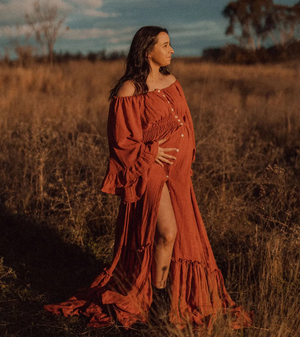 We Are Reclamation Ruffle Me Open Gown in Rust One Size Fits Most  - Image 7