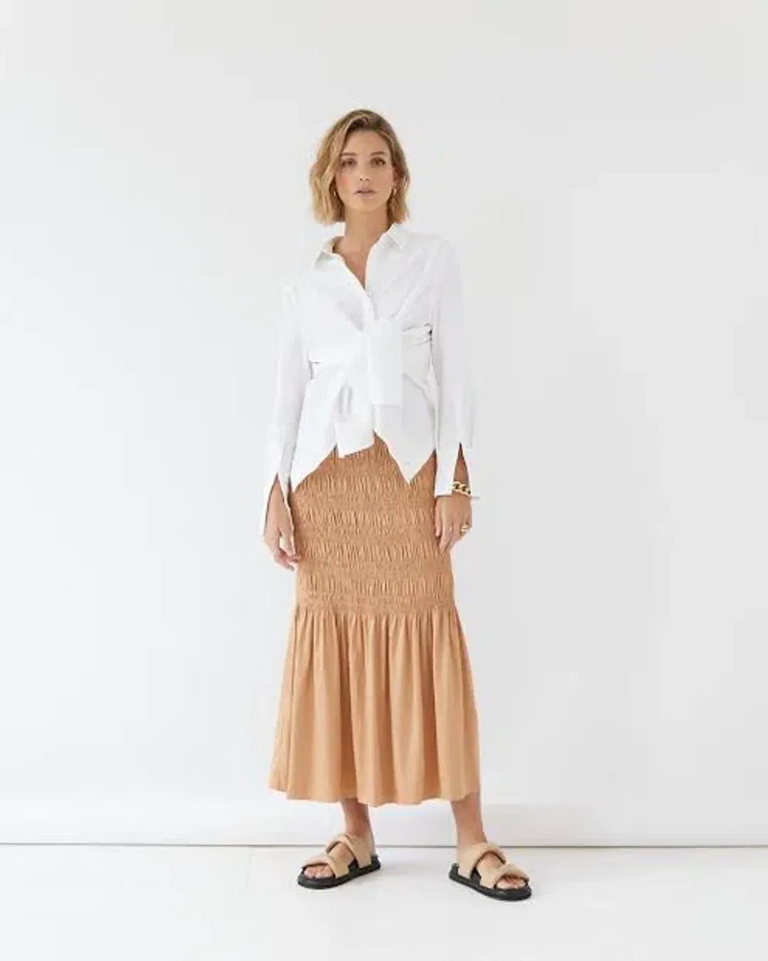 Sovere Trilogy Maxi Skirt Gold Apricot Size AU 8 for rent on The Volte - main image