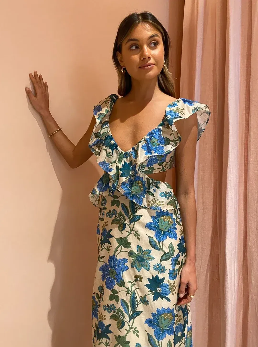 Sir Celia Frill Midi Cutout Dress In Marguerite Print Green Floral Size 2 / 10  for rent on The Volte - main image
