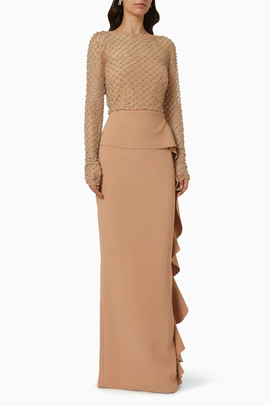 Rachel Gilbert Estelle Ruffle Gown Nude Size AU 18  for rent on The Volte - main image