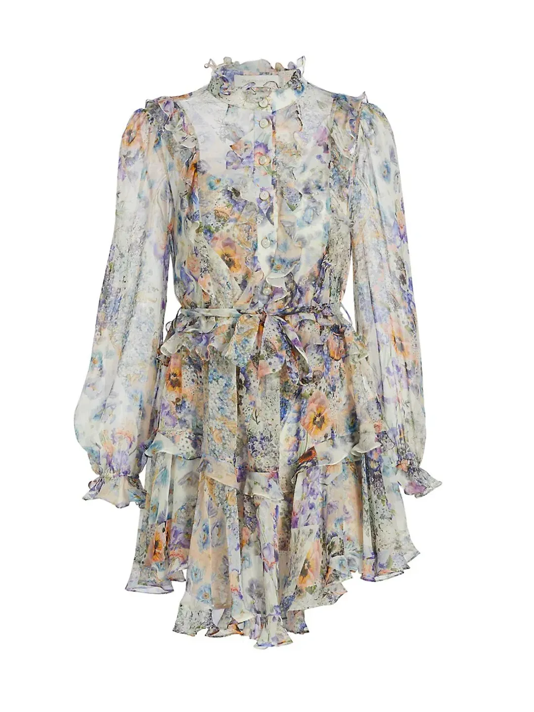 Zimmermann Tama Ruffle Mini Dress in Diamond Splice Floral Size 0/AU 8 for rent on The Volte - main image