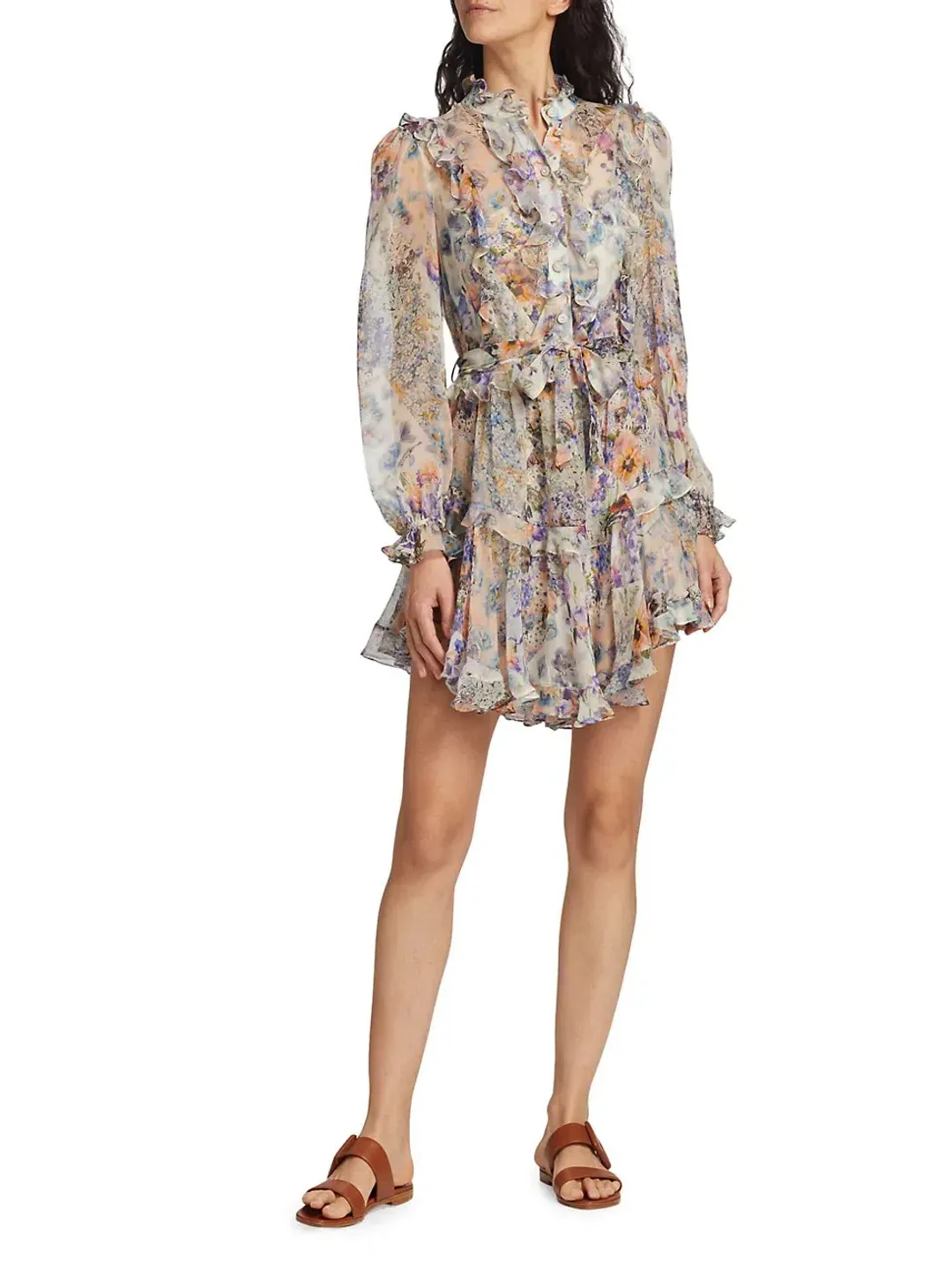 Zimmermann Tama Ruffle Mini Dress in Diamond Splice Floral Size 0/AU 8 for rent on The Volte - main image
