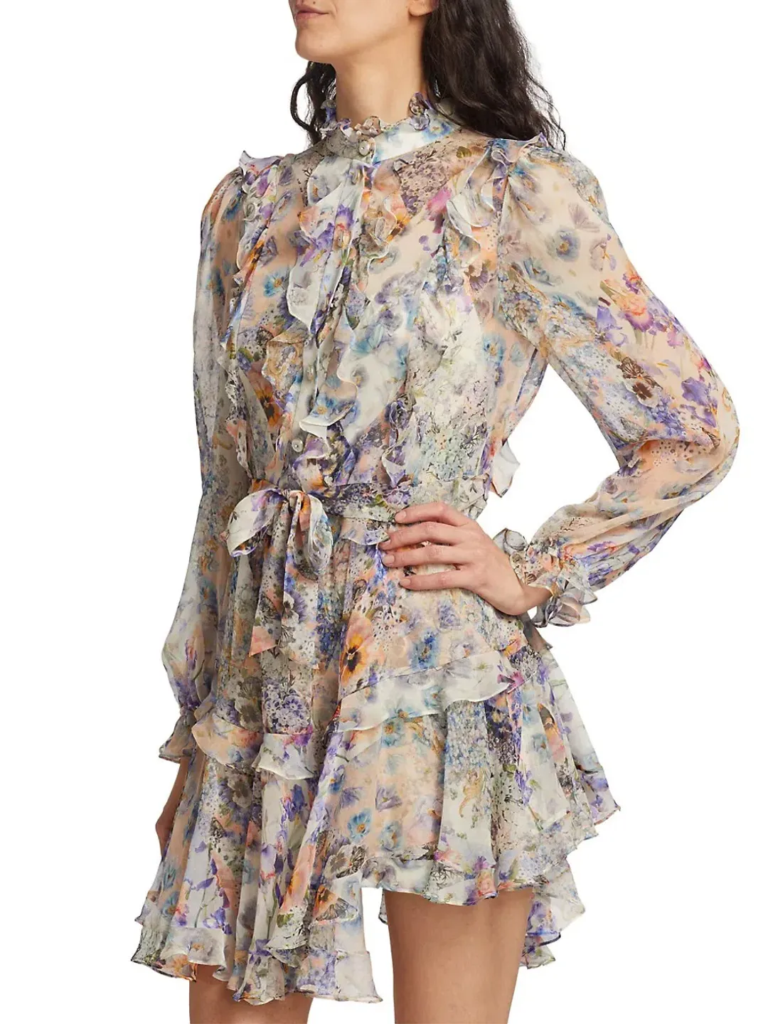Zimmermann Tama Ruffle Mini Dress in Diamond Splice Floral Size 0/AU 8 for rent on The Volte - main image