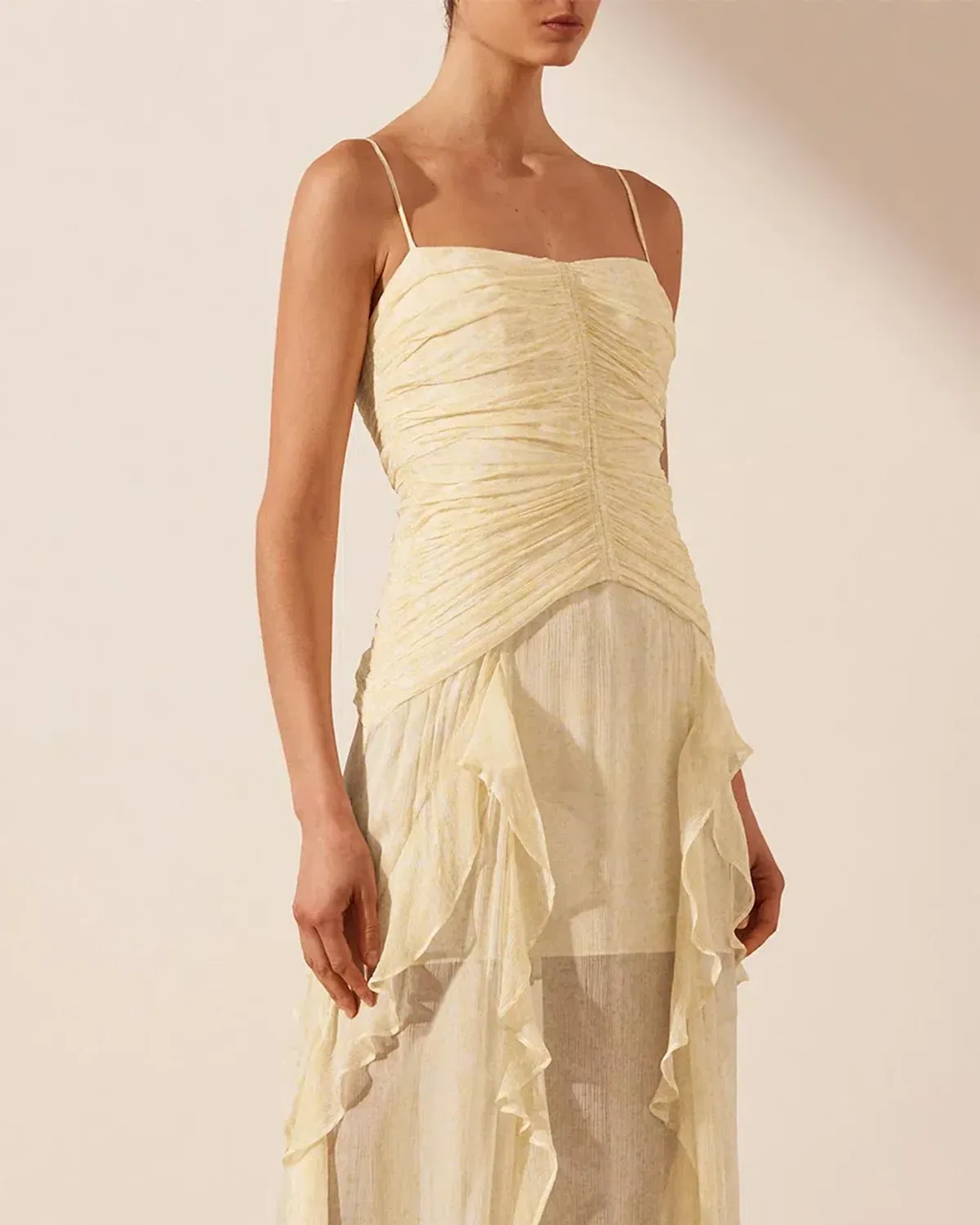 Shona Joy Gina Ruched Frill Maxi Dress in Limoncello Size 6 - Image 4