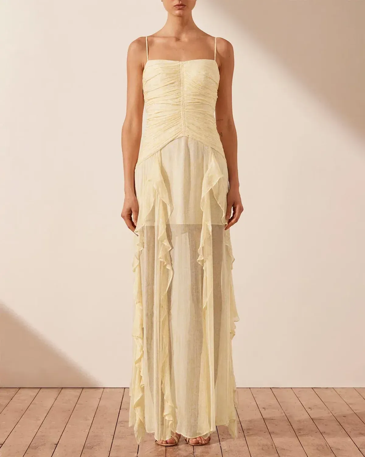 Shona Joy Gina Ruched Frill Maxi Dress in Limoncello Size 6 - Image 1