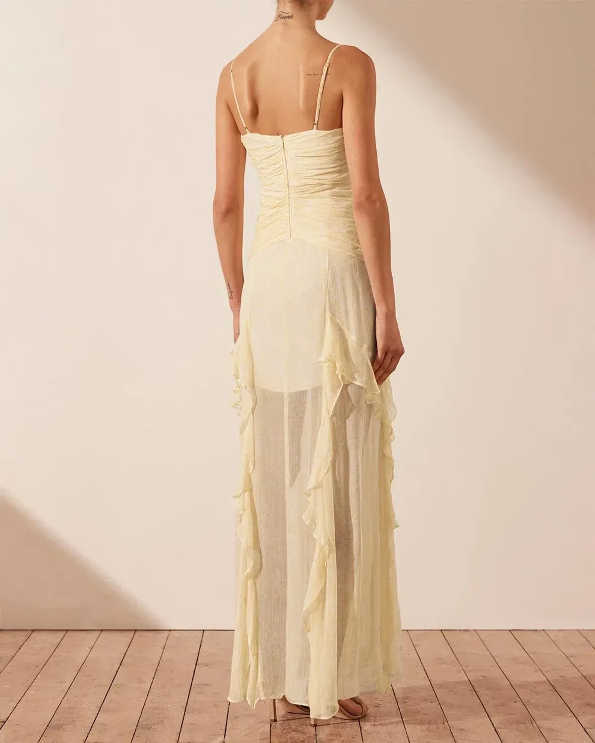Shona Joy Gina Ruched Frill Maxi Dress in Limoncello Size 6 - Image 3
