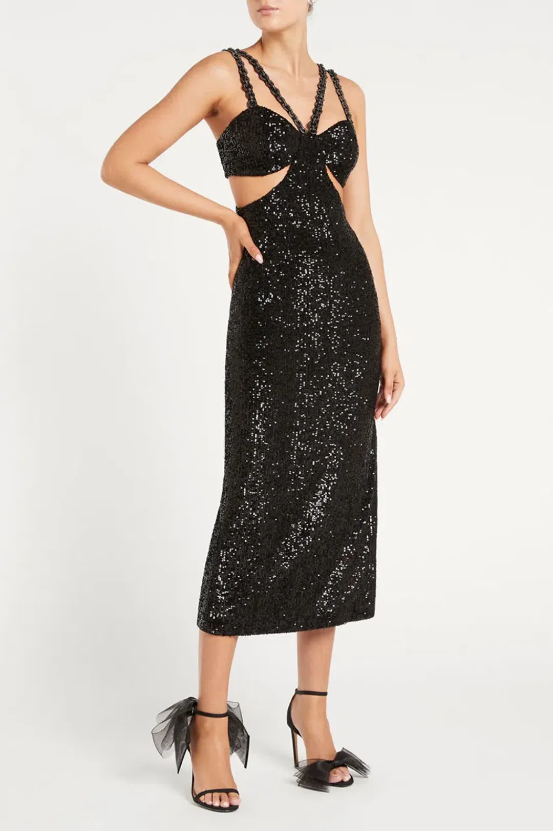 Rebecca Vallance Missing Hours Cut Out Midi Dress Black Size 4 for rent on The Volte - main image