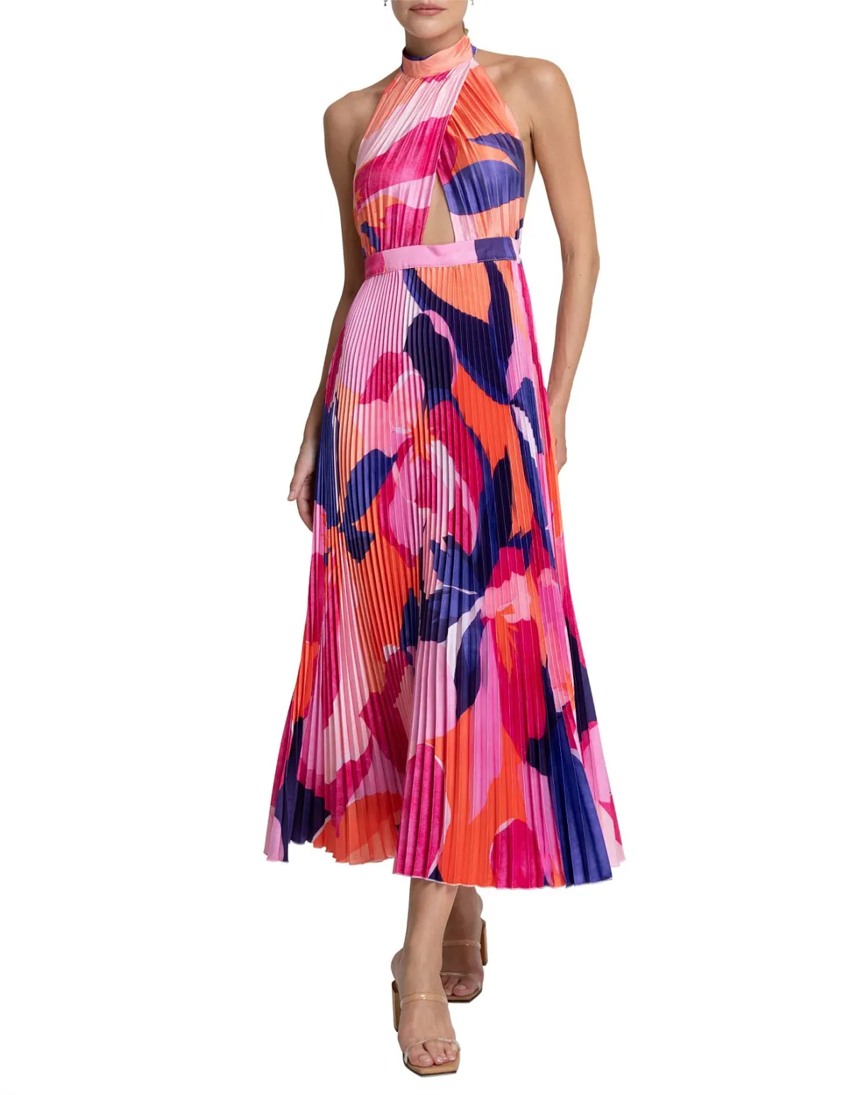 L'Idee Renaissance Halterneck Pleated Cutout Low Back Dress Capri Print Size 8 - Image 1