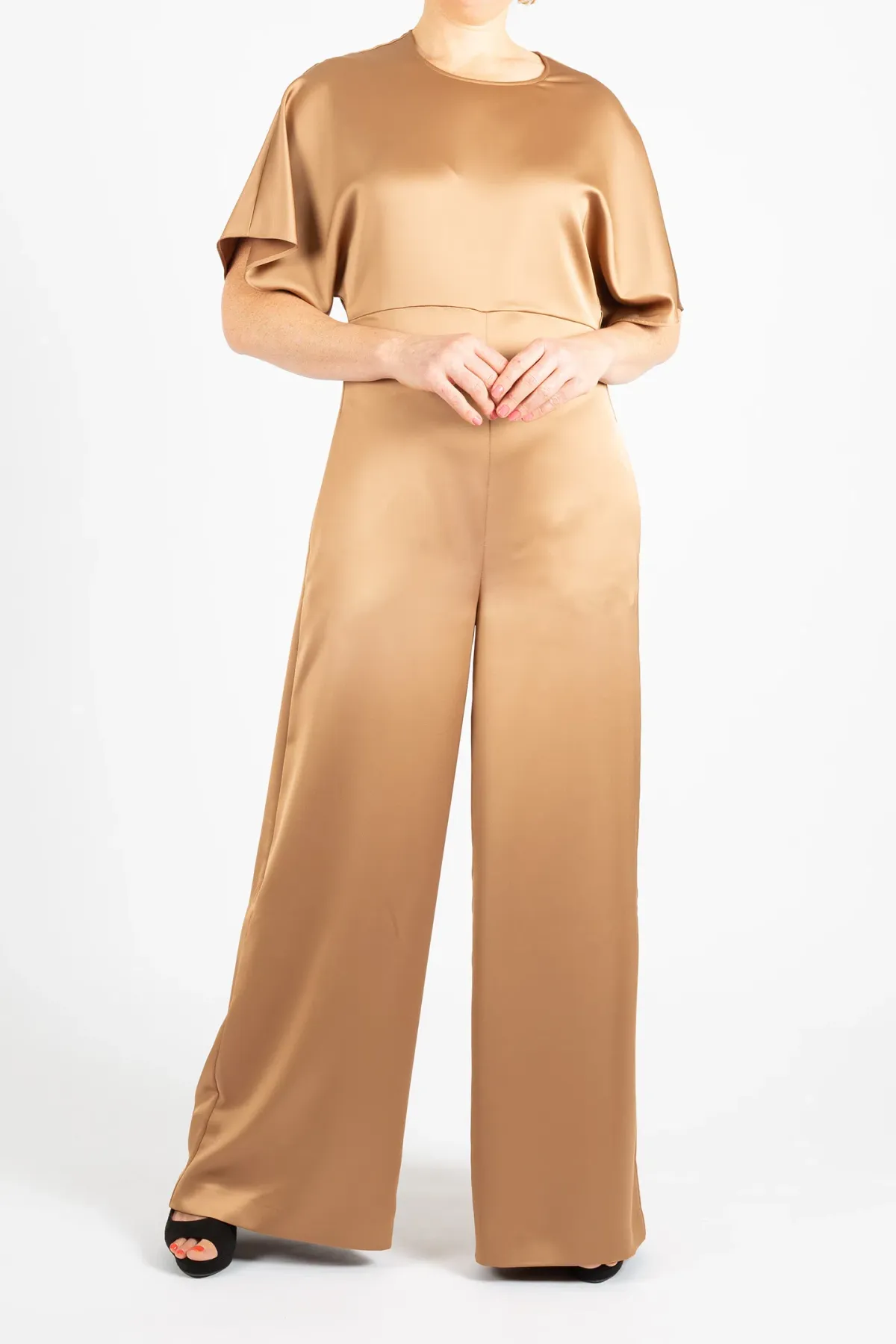 Hugo Boss Short-Sleeved Slim Fit Jumpsuit in Satin Gold Size 10 - Image 4