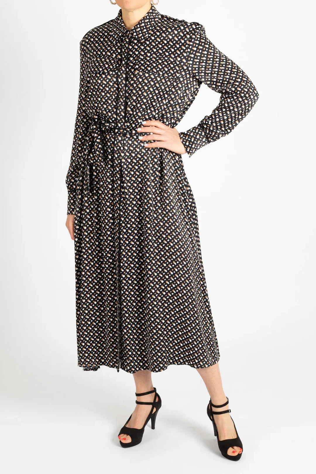Hugo Boss Long-Sleeved Shirt Dress in Monogram-Print Fabric Patterned Size 10 for rent on The Volte - main image