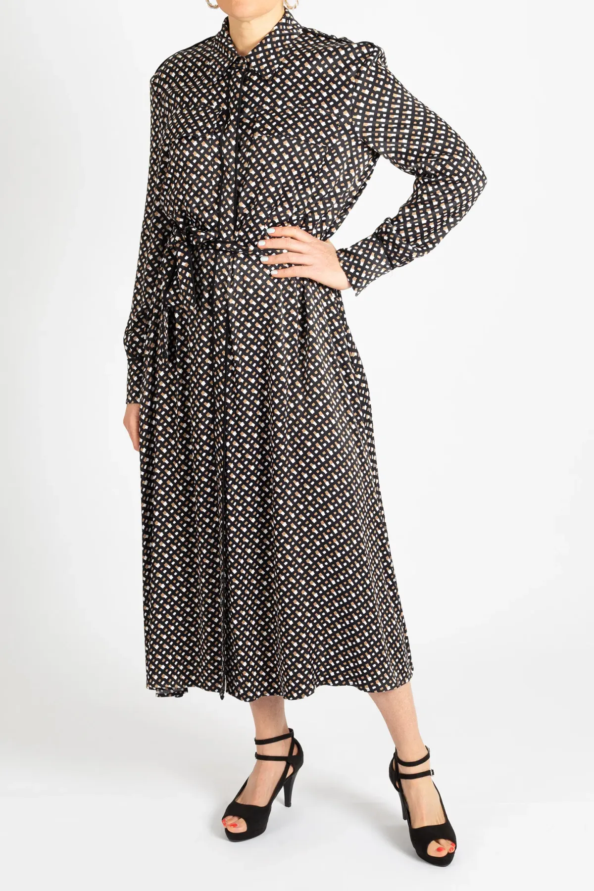 Hugo Boss Long-Sleeved Shirt Dress in Monogram-Print Fabric Patterned Size 10 - Image 1
