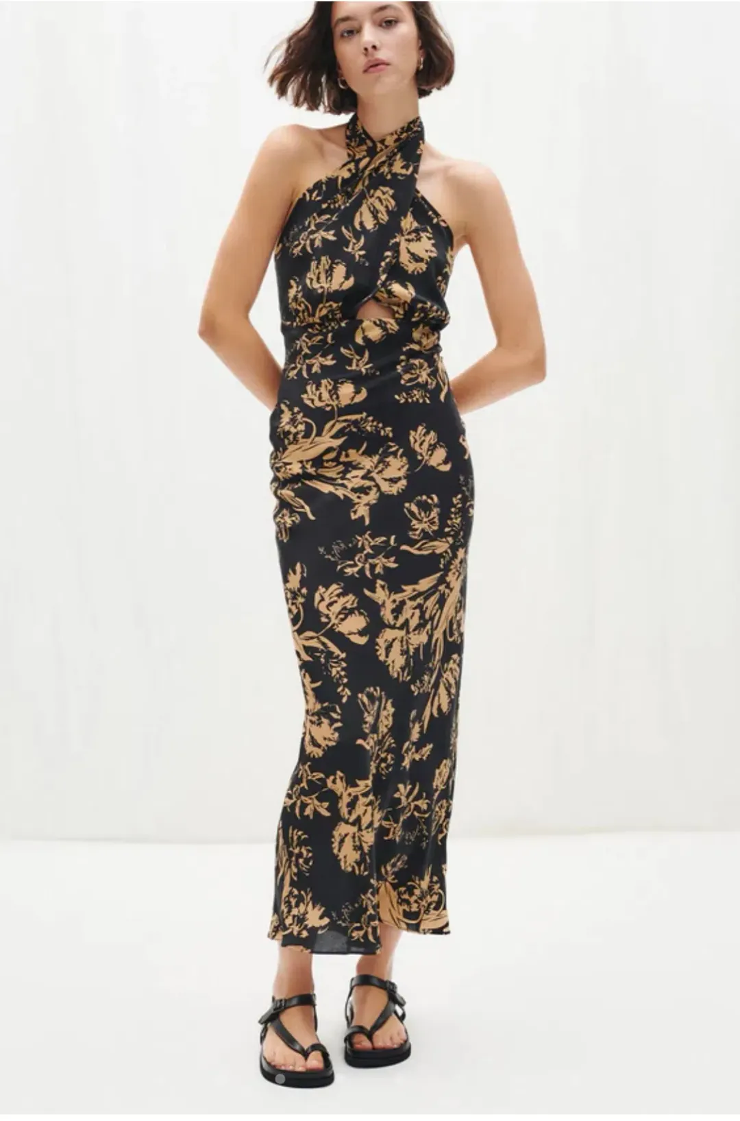 Shona Joy Dawn Silk Cross Front Halter Midi Dress Print Size 8 / S for rent on The Volte - main image