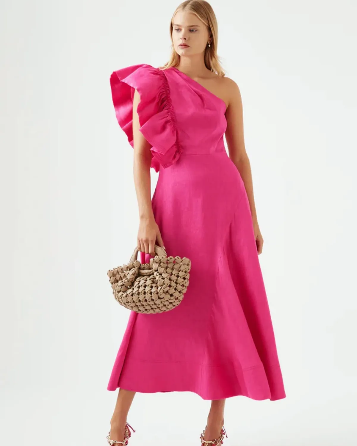 Aje Bonjour Asymmetric Midi Dress in Fuchsia Pink Size 16 (fit~14) - Image 3