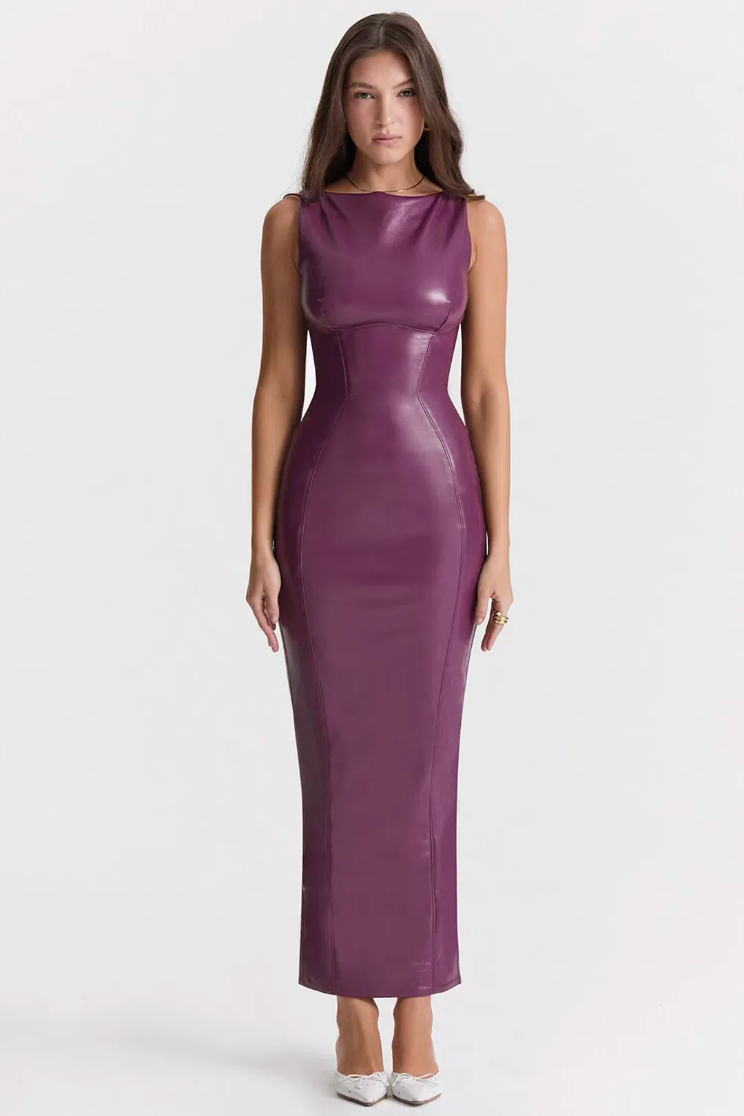 House of CB Sahara Merlot Vegan Leather Maxi Dress Purple Size Small / AU 8 for rent on The Volte - main image
