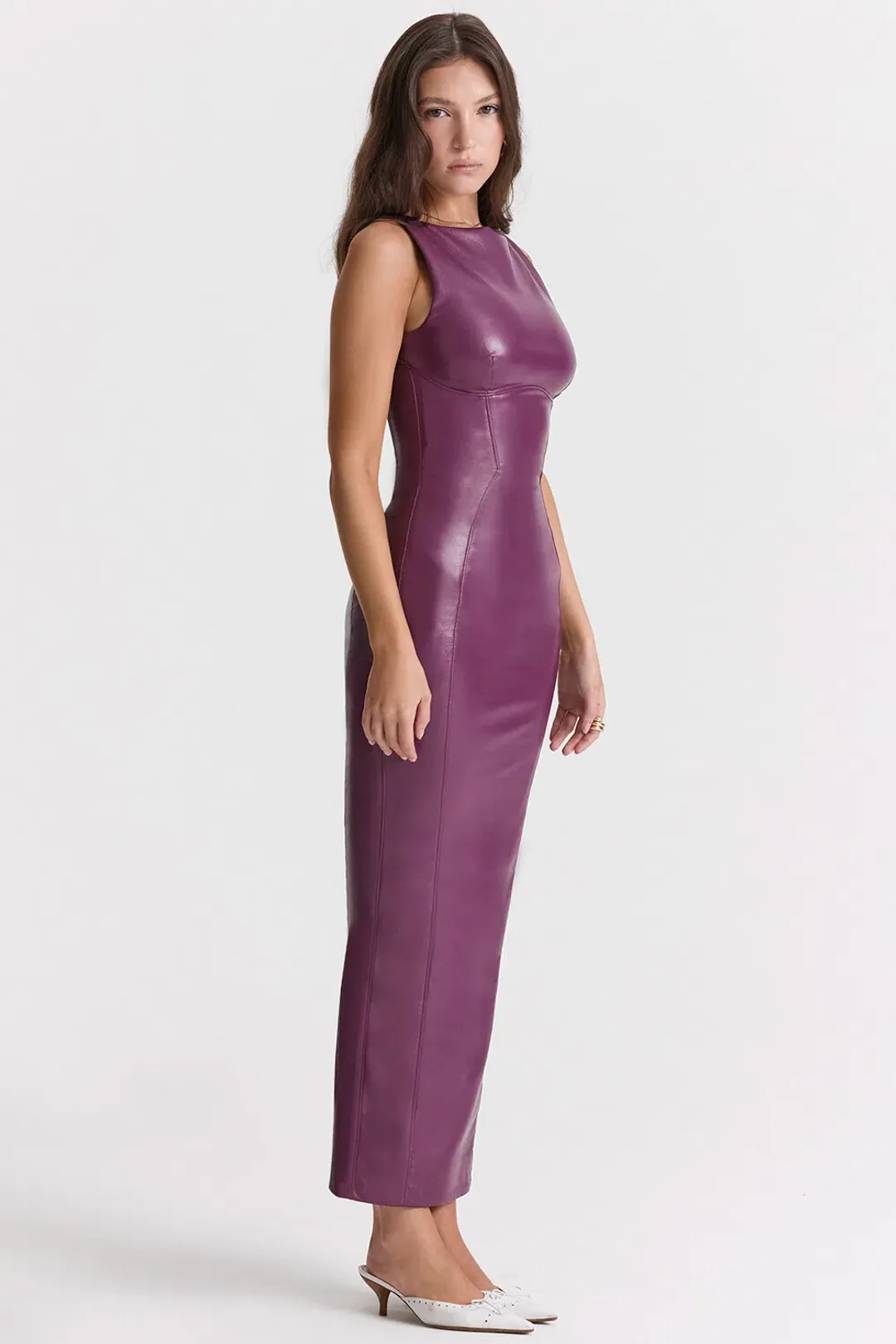 House of CB Sahara Merlot Vegan Leather Maxi Dress Purple Size Small / AU 8 for rent on The Volte - main image