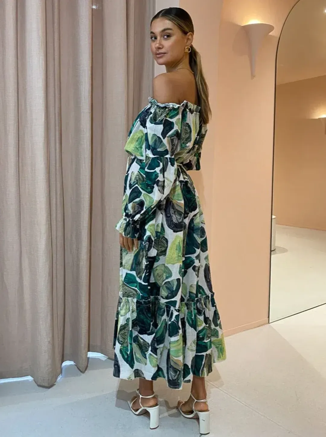 Alemais Siena Off Shoulder Shirt Midi Dress In Green Floral Long Sleeve Green Size AU 14 for rent on The Volte - main image