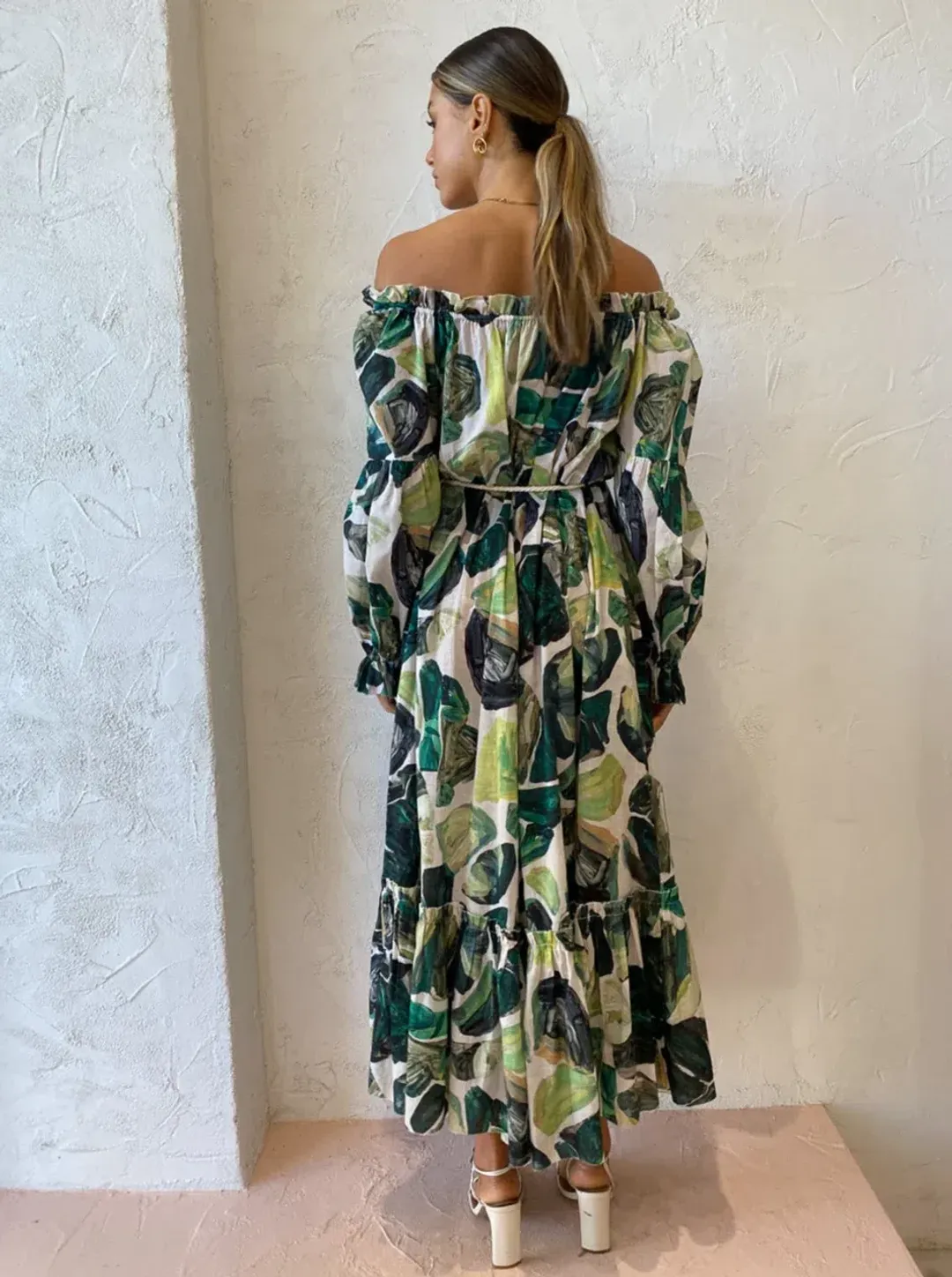 Alemais Siena Off Shoulder Shirt Midi Dress In Green Floral Long Sleeve Green Size AU 14 for rent on The Volte - main image