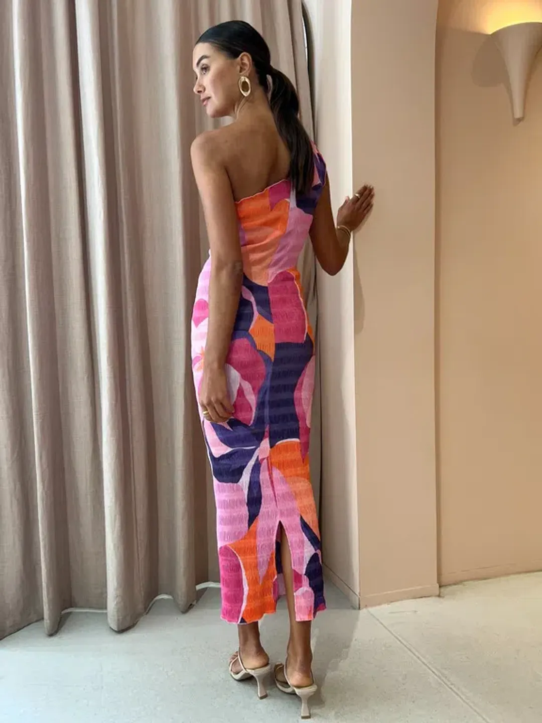 L'Idee Gigi Smocking Gown In Capri Print Pink Size AU 8 for rent on The Volte - main image