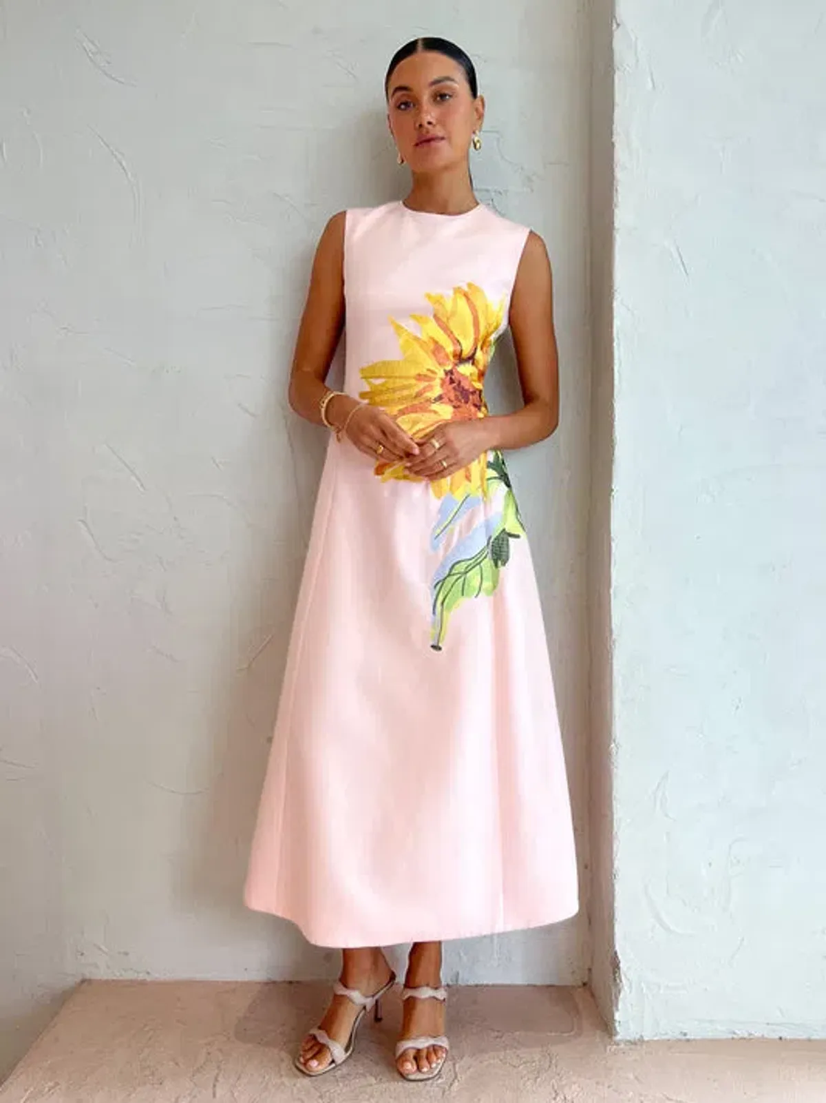 Leo Lin Cleo Sleeveless Midi Dress Sunflower Print in Pink Size 10  - Image 1