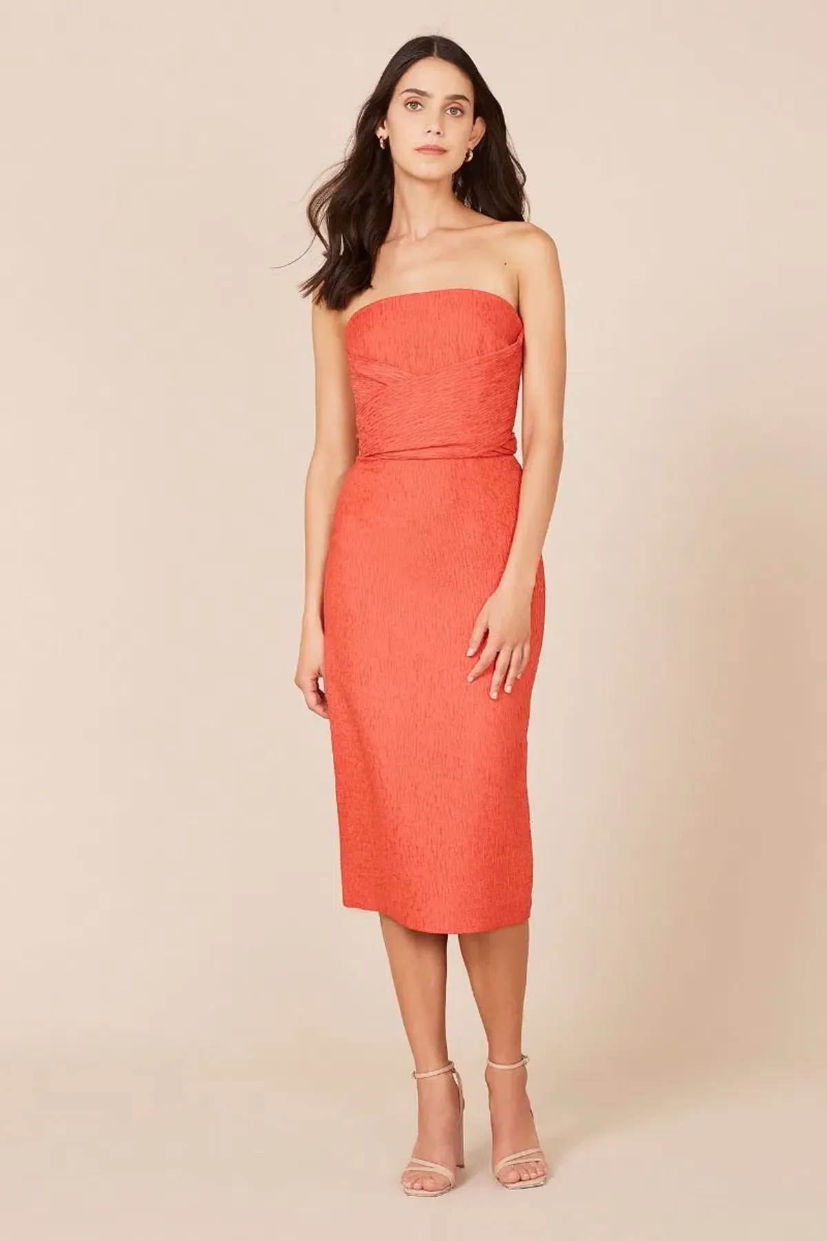 Rebecca Vallance Francesca Tie Midi Dress Coral Strapless Bow Crepe Size 12 - Image 2