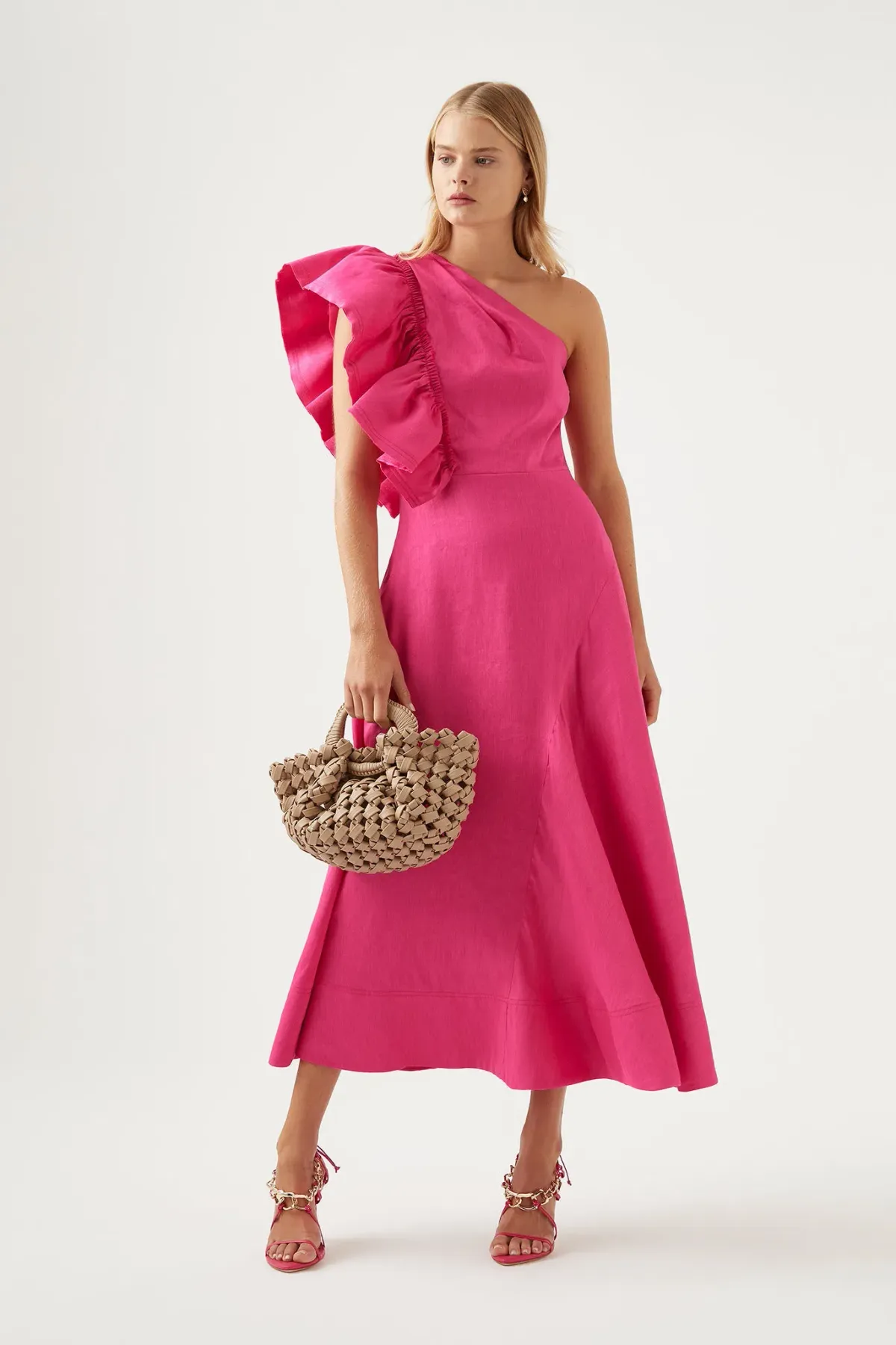 Aje Bonjour Asymmetric Midi Dress Pink Size AU 12 - Image 1
