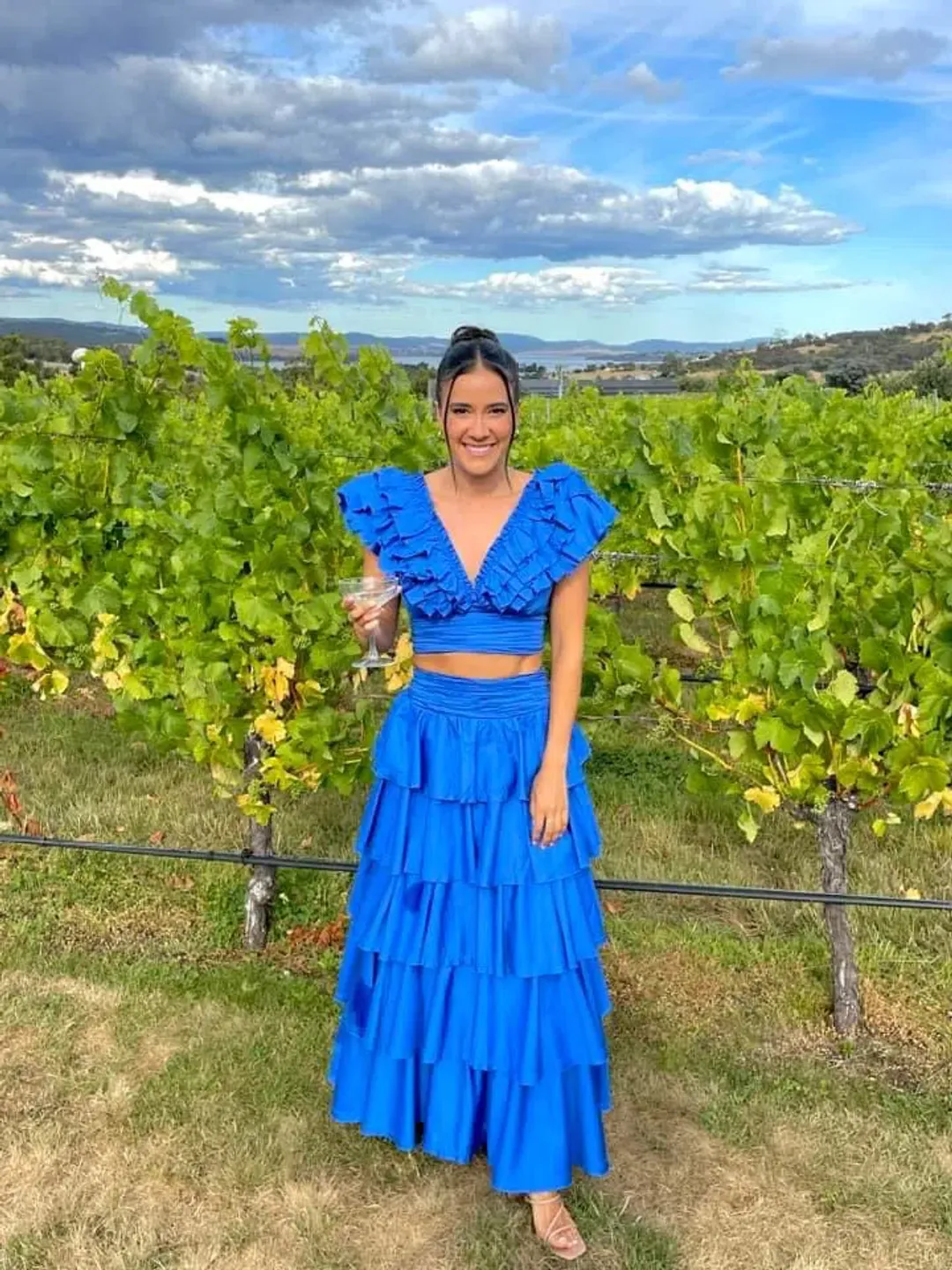 Aje Eleni Tiered Maxi And Rhythmic Frill Bodice Set Blue Size AU 12  for rent on The Volte - main image