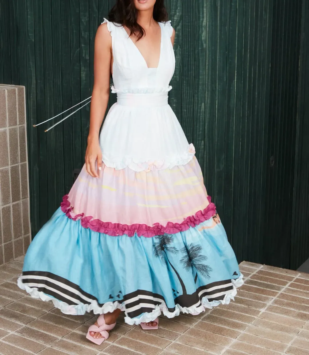 Mackenzie Mode Linen Ruffle Dress Multi Size 10  for rent on The Volte - main image