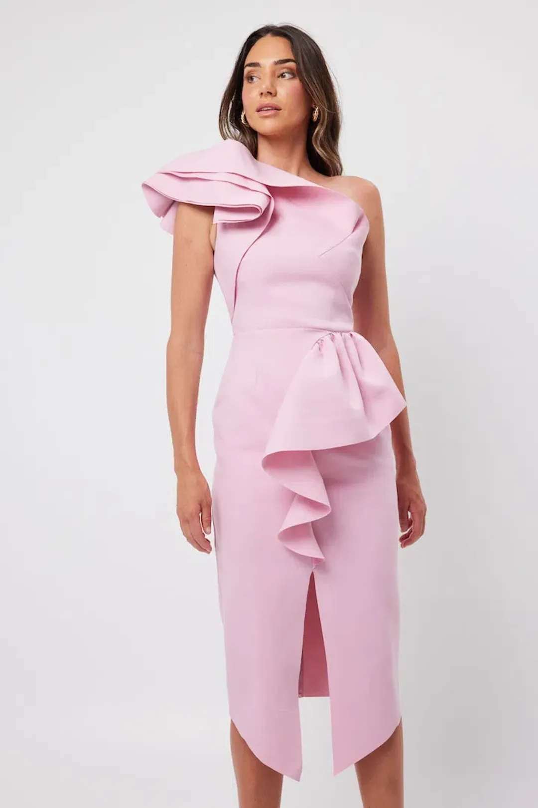 Elliatt Amara Ruffled Midi Dress Pink Size 10 for rent on The Volte - main image