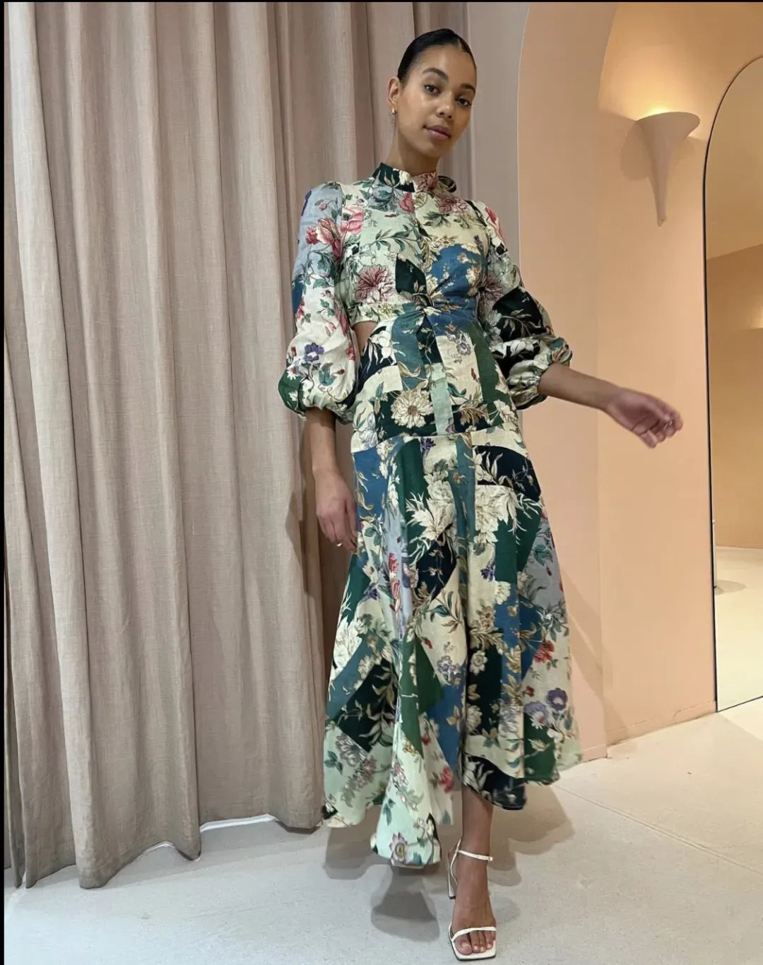 Alemais Loretta Long Sleeve Cutout Linen Patchwork Midi Dress Multi Size 10 for rent on The Volte - main image