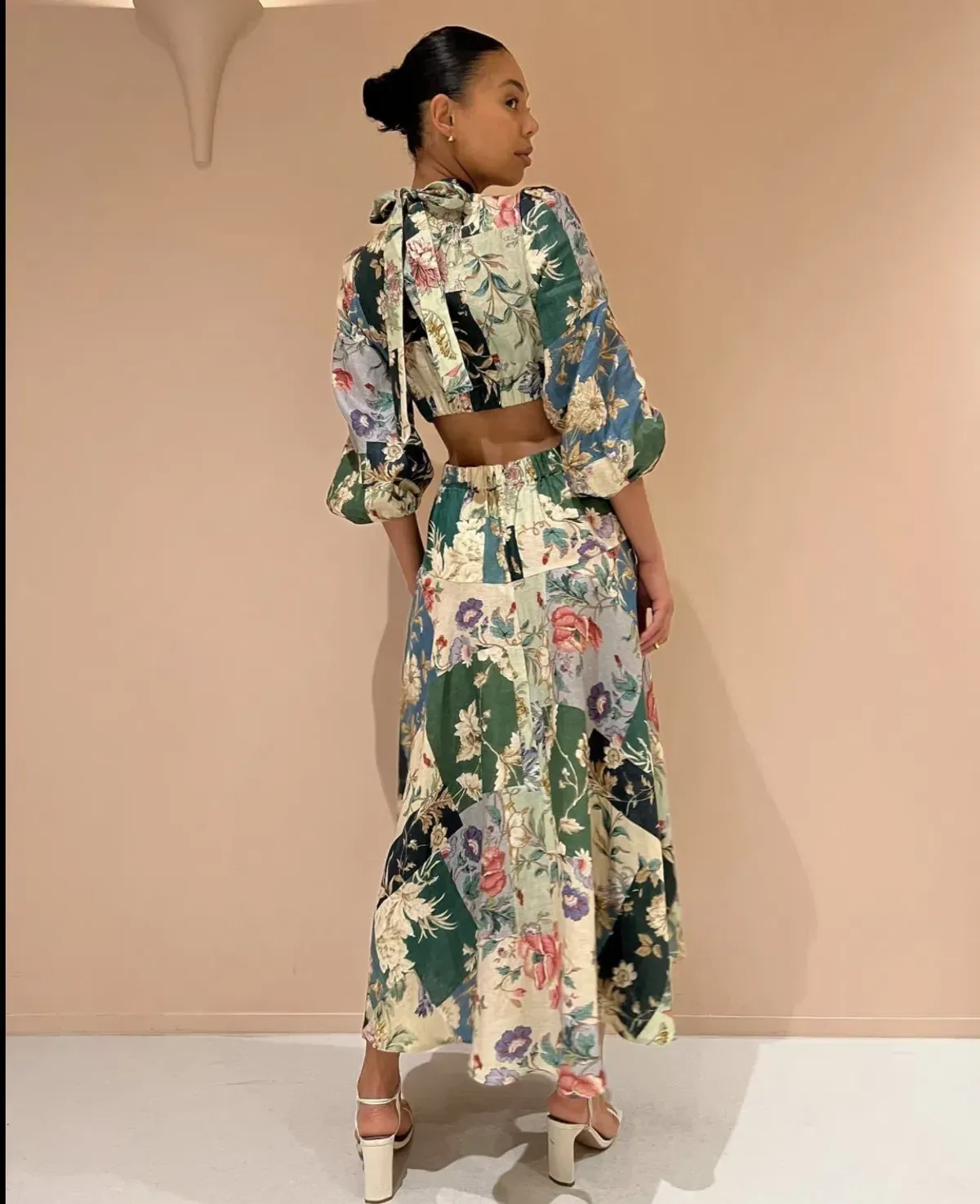 Alemais Loretta Long Sleeve Cutout Linen Patchwork Midi Dress Multi Size 10 - Image 2