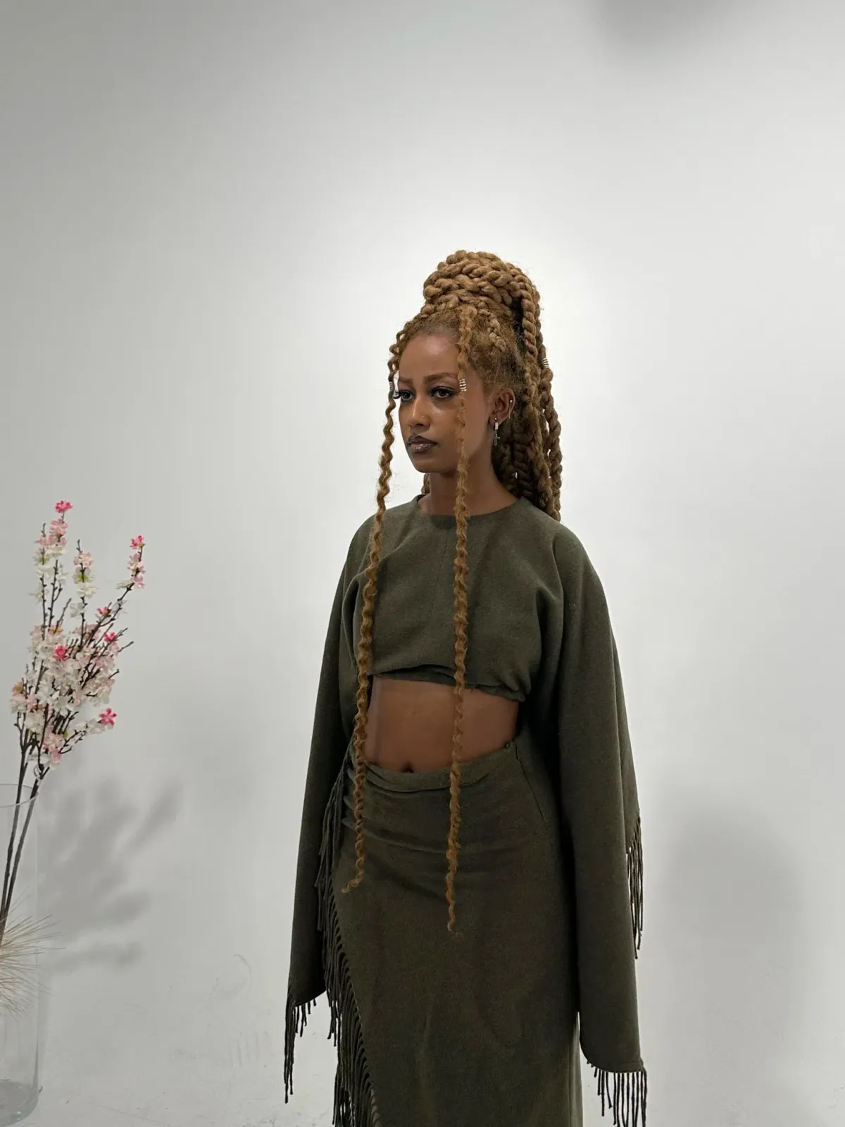 Christopher Esber Tassel Sleeve Scarf Crop Top and Sarong Skirt Set Green Size 8 - Image 2